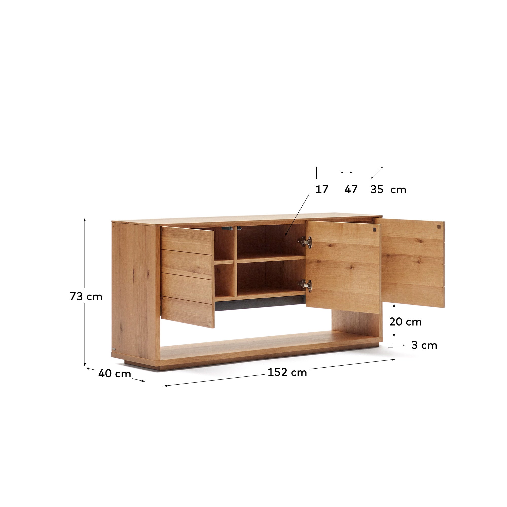Alguema sideboard with 3 doors in oak veneer with natural finish, 151 x 73 cm - Measurements