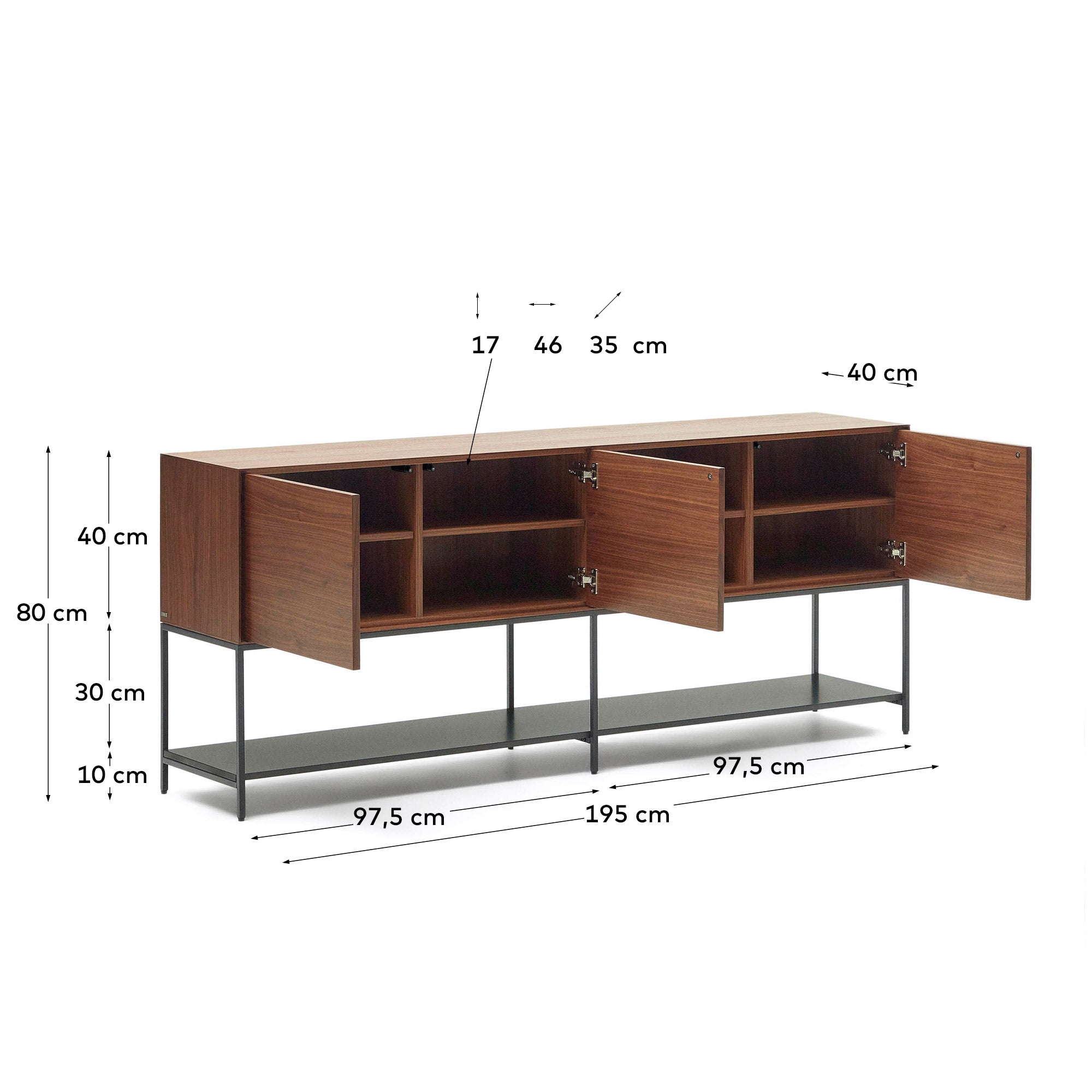 Vedrana 3 door sideboard in walnut veneer with steel legs, 195 x 80 cm - Measurements