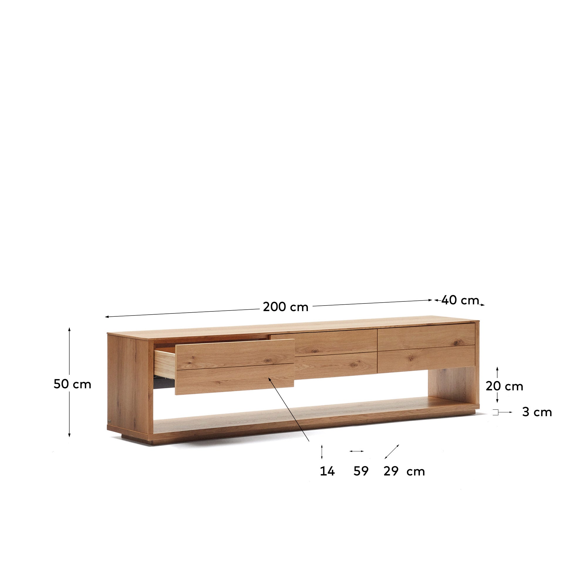Alguema TV stand with 3 drawers in oak veneer with natural finish, 200 x 51 cm - Measurements