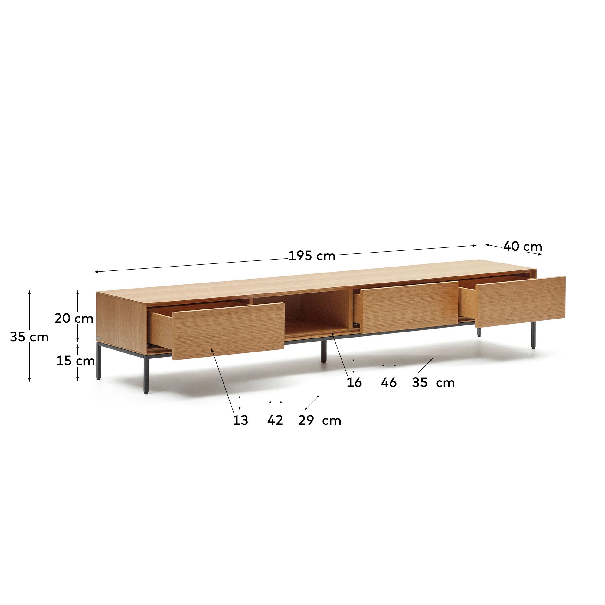 Vedrana 3 drawer TV stand in oak veneer with black steel legs, 195 x 35 cm - Measurements