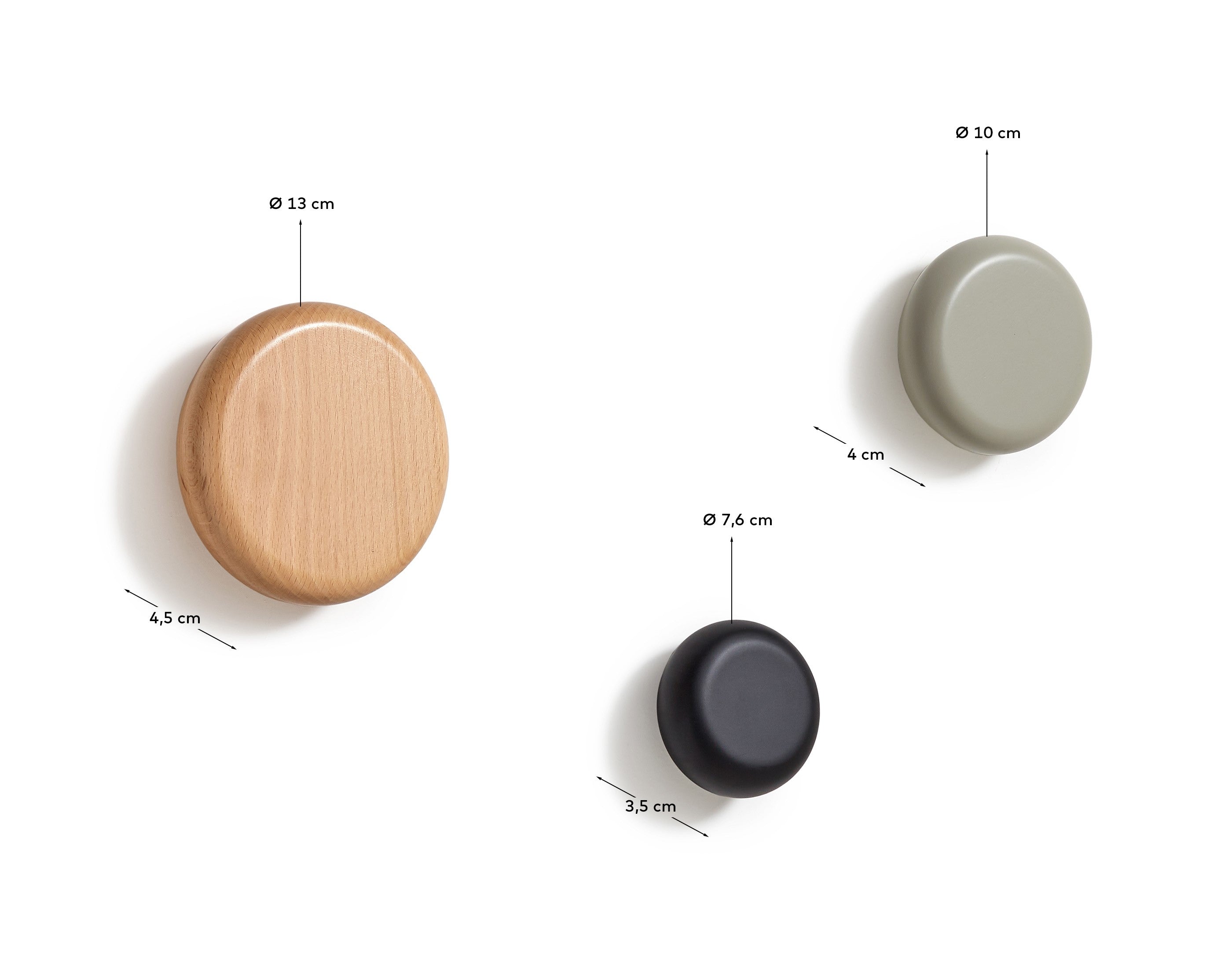 Nadue set of 3 solid beech wood wall hooks with natural, grey, and black finishes - Measurements