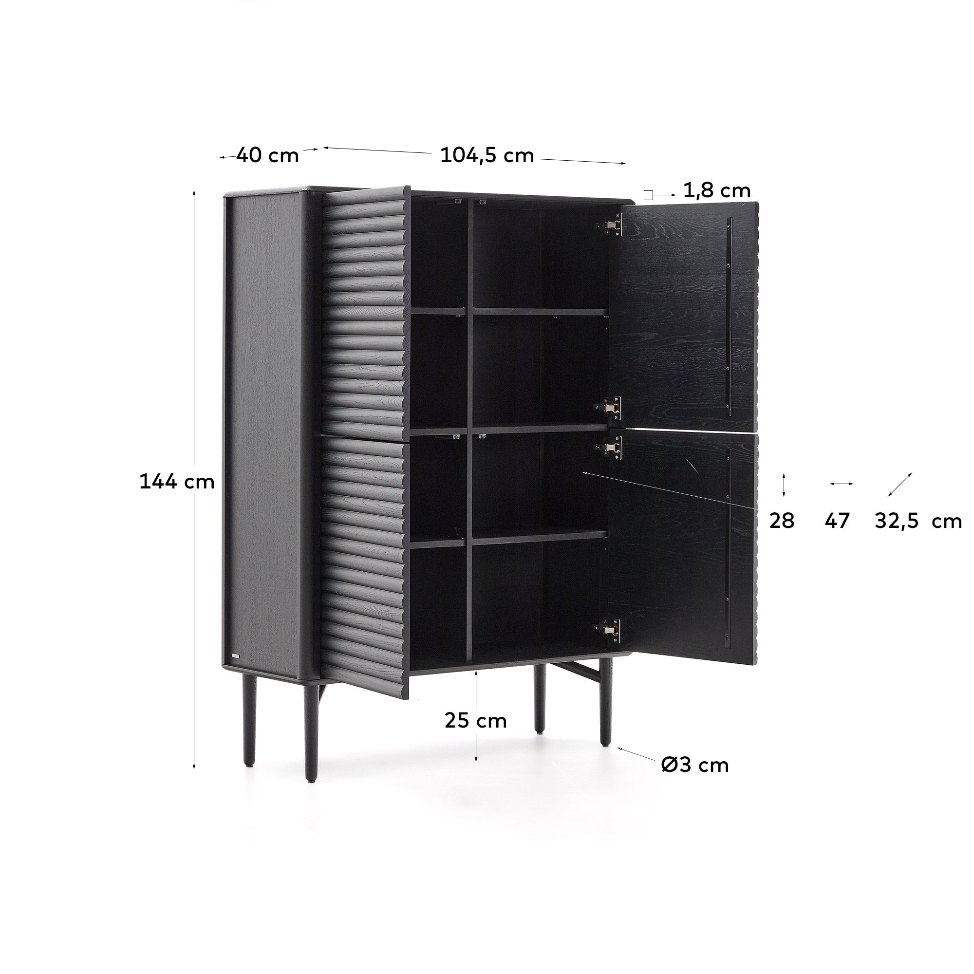 Lenon tall sideboard, 4 doors solid wood and black oak veneer 104,5x144 cm FSC Mix Credit - Measurements
