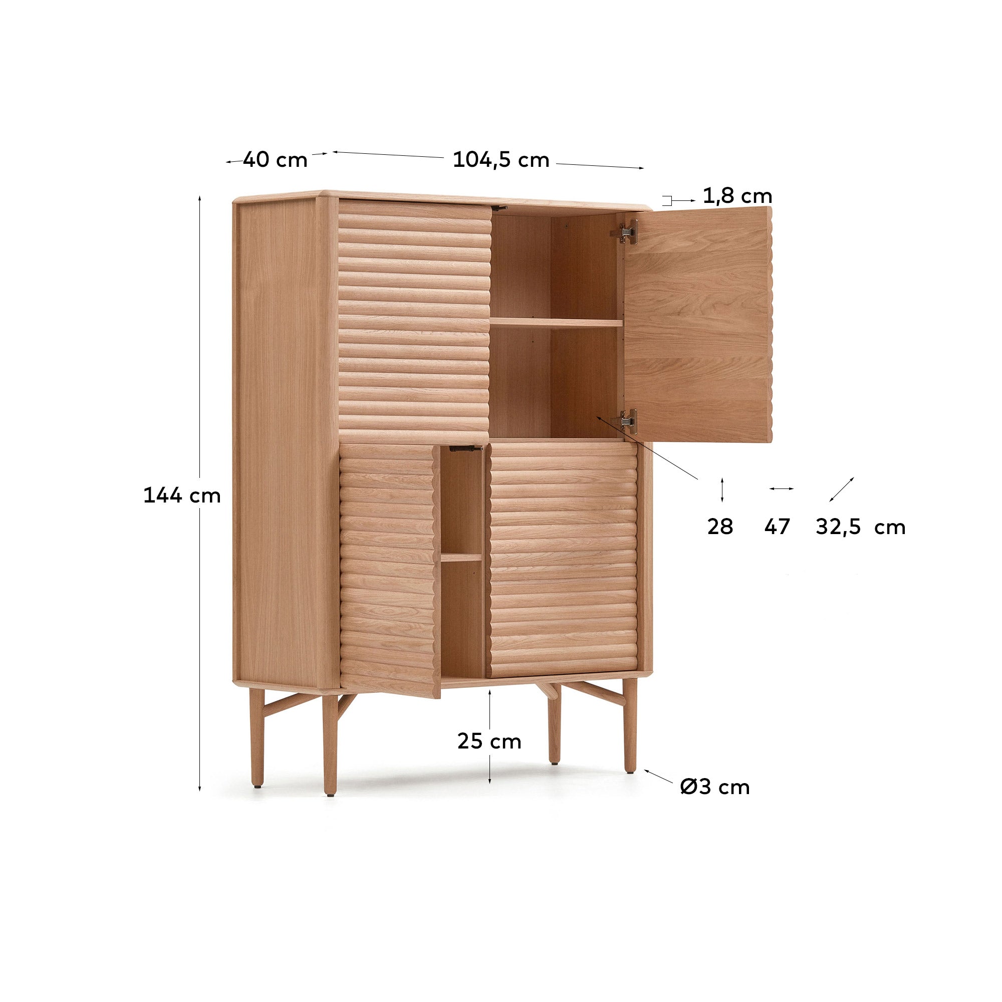 Lenon tall console with 4 oak wood doors and an oak veneer, 104.5 x 144 cm FSC MIX Credit - Measurements