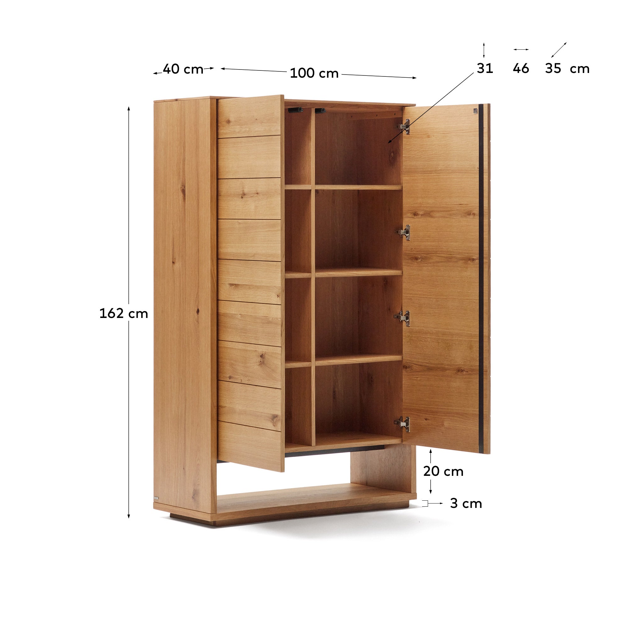 Alguema tall sideboard with 2 doors in oak wood veneer with natural finish, 100 x 163,5 cm - Measurements