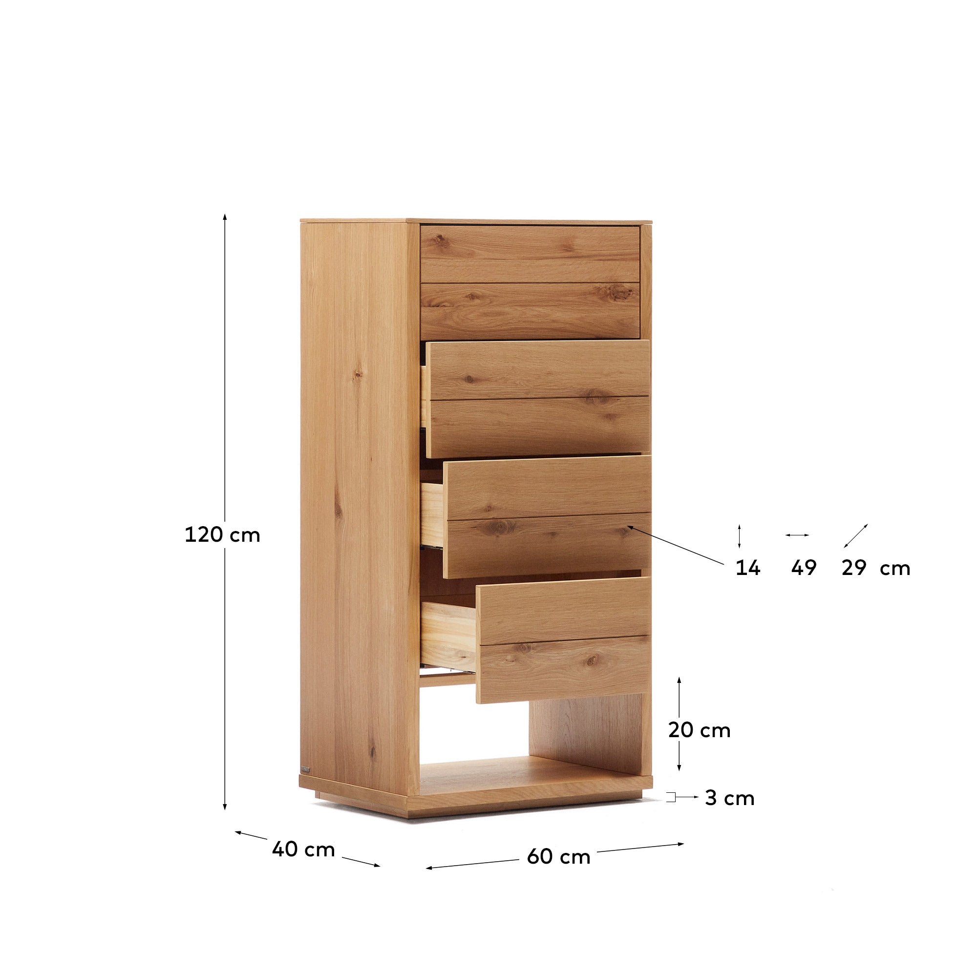 Alguema chest of drawers with 4 drawers in oak wood veneer with natural finish, 60 x 120 cm - Measurements