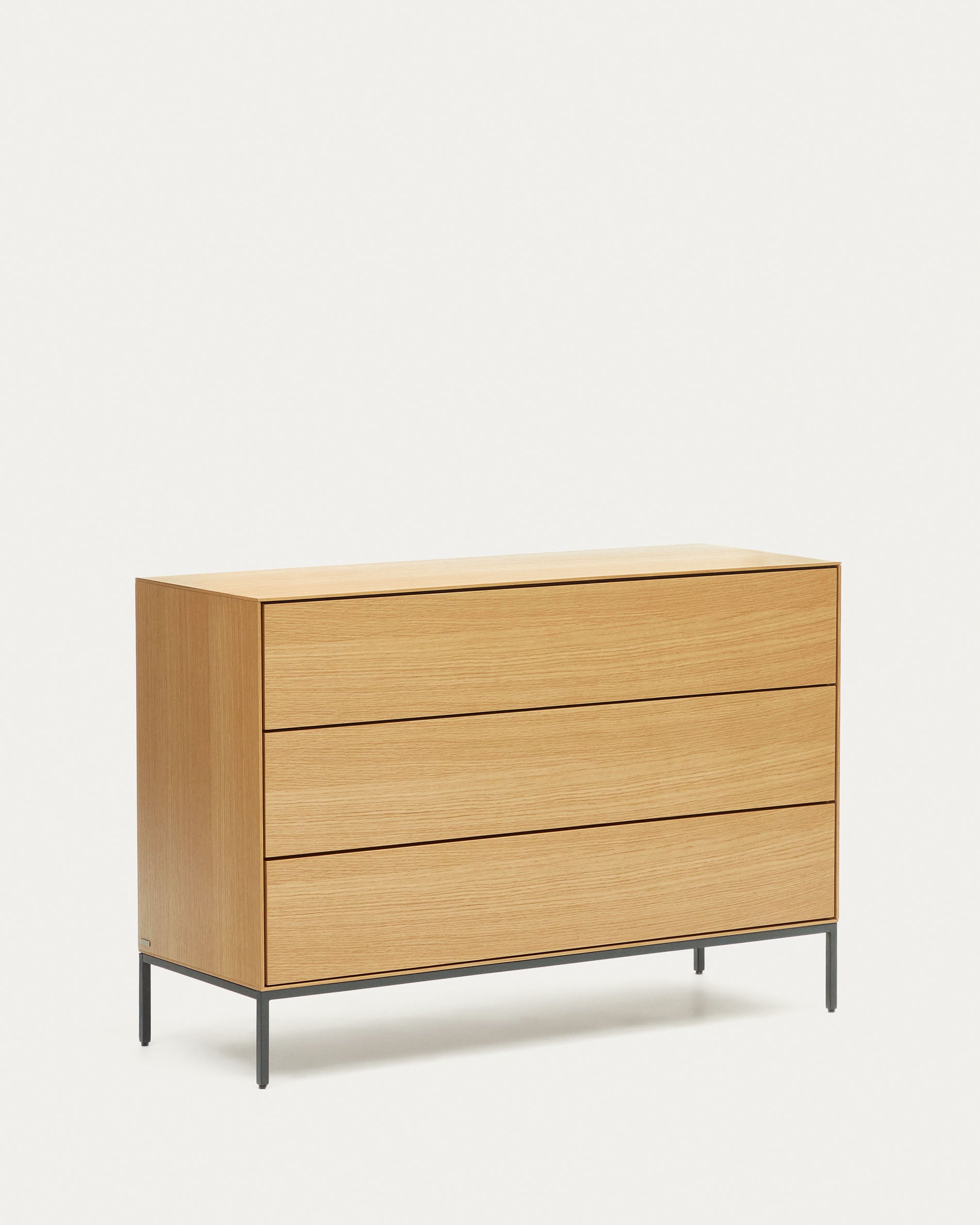 Vedrana 3 drawer chest of drawers in oak veneer with black steel legs, 110 x 75 cm - Product View