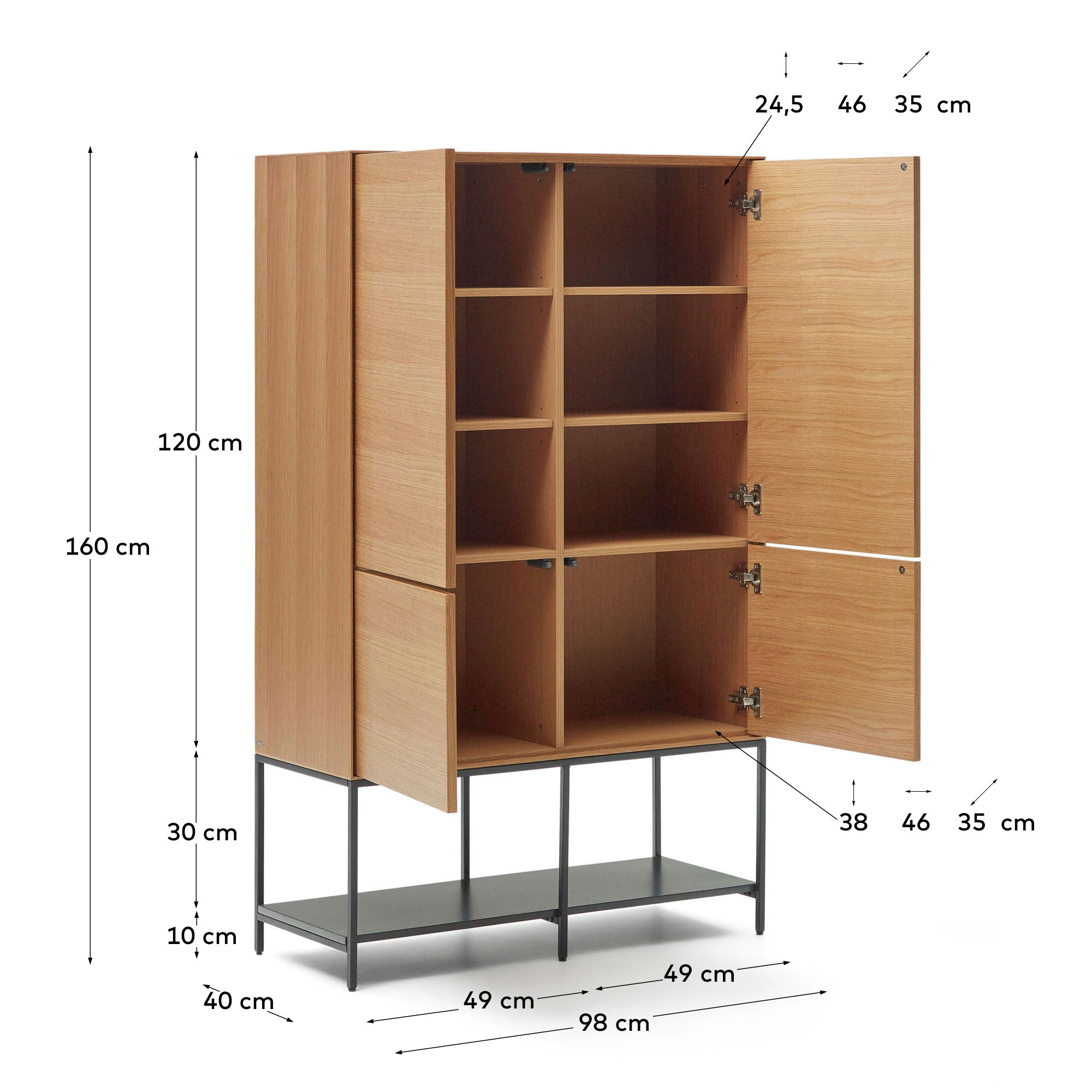 Vedrana 4 door tall sideboard in oak veneer with steel legs, 97.5 x 160 cm - Measurements