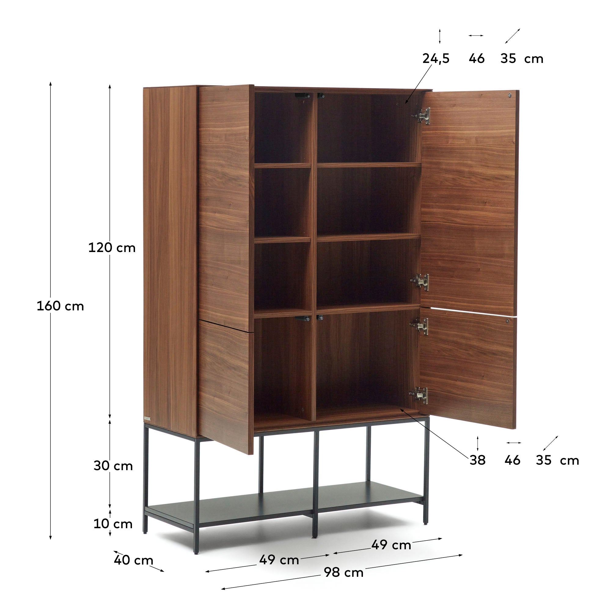 Vedrana 4 door tall sideboard in walnut veneer with steel legs, 97.5 x 160 cm - Measurements