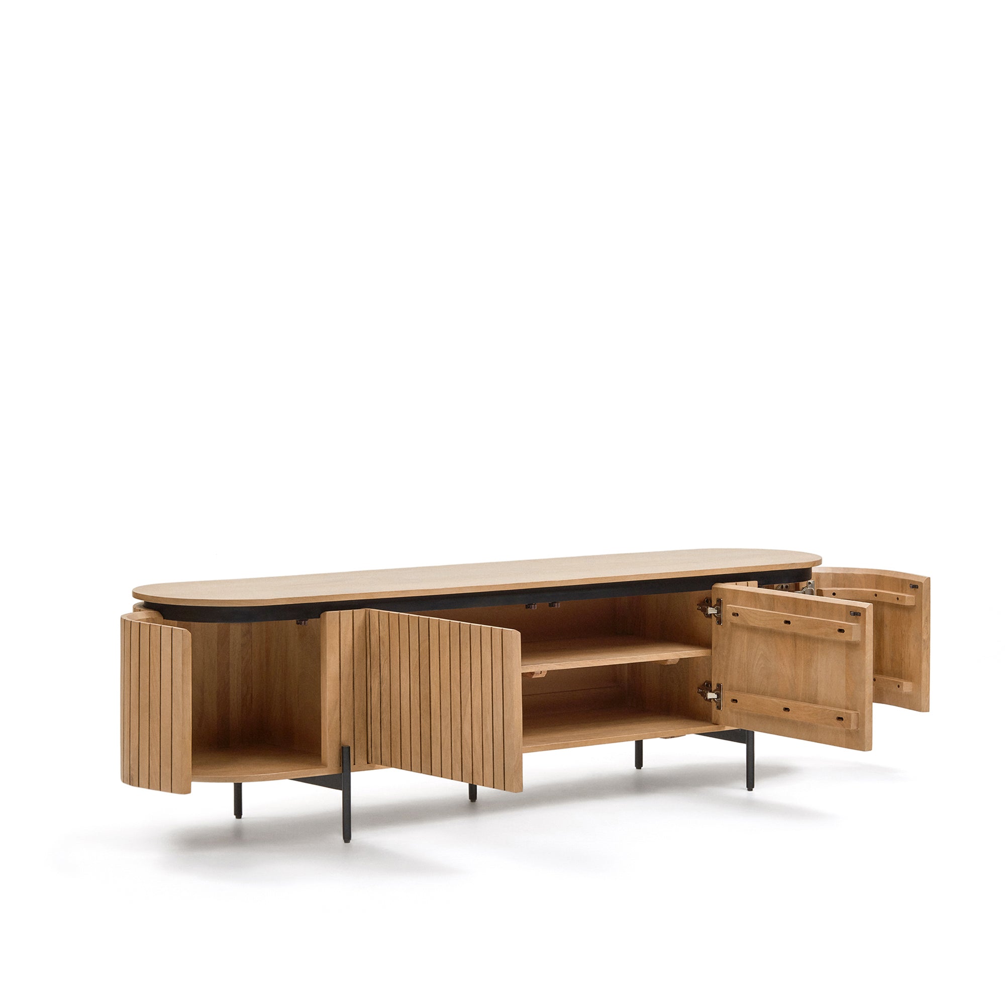 Licia TV stand with 4 doors, solid mango wood with natural finish and metal, 200 x 55 cm - Product Image