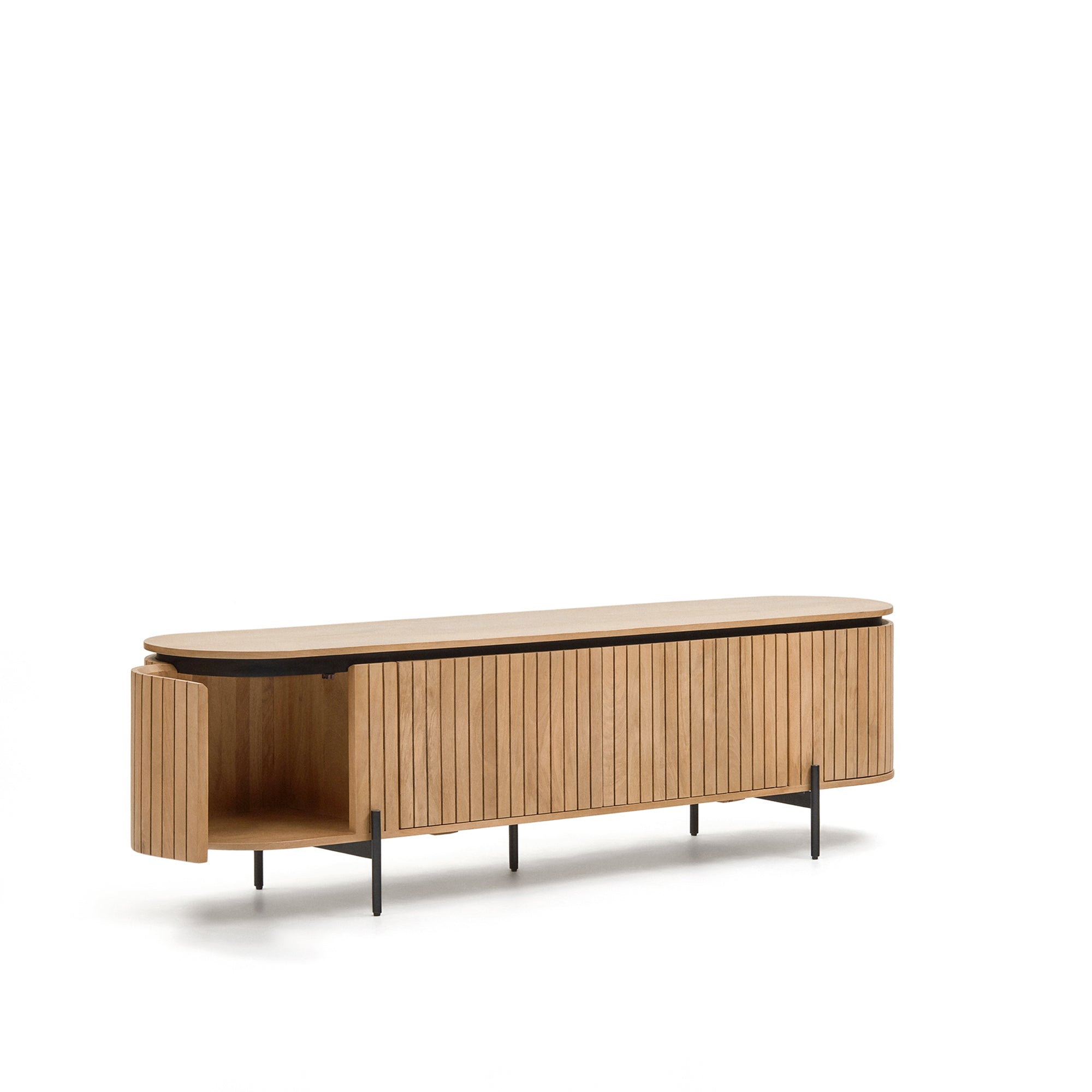 Licia TV stand with 4 doors, solid mango wood with natural finish and metal, 200 x 55 cm - Product Image