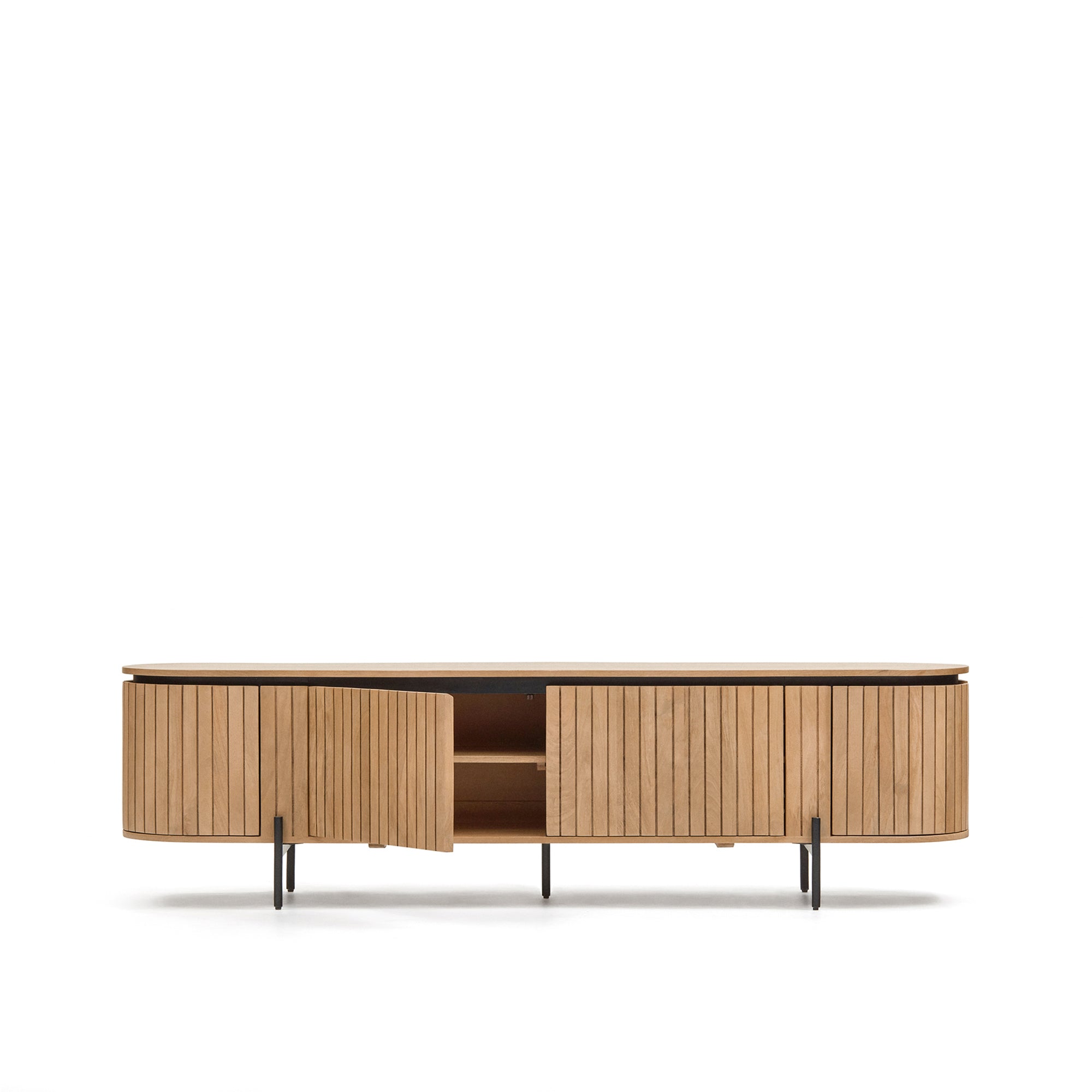 Licia TV stand with 4 doors, solid mango wood with natural finish and metal, 200 x 55 cm - Product Image