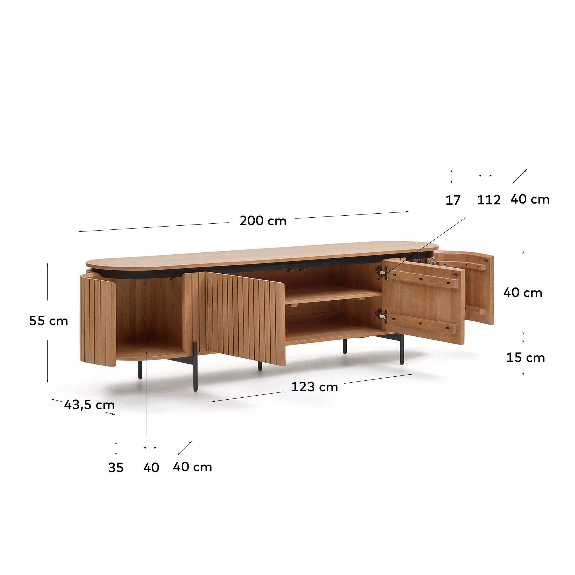 Licia TV stand with 4 doors, solid mango wood with natural finish and metal, 200 x 55 cm - Measurements