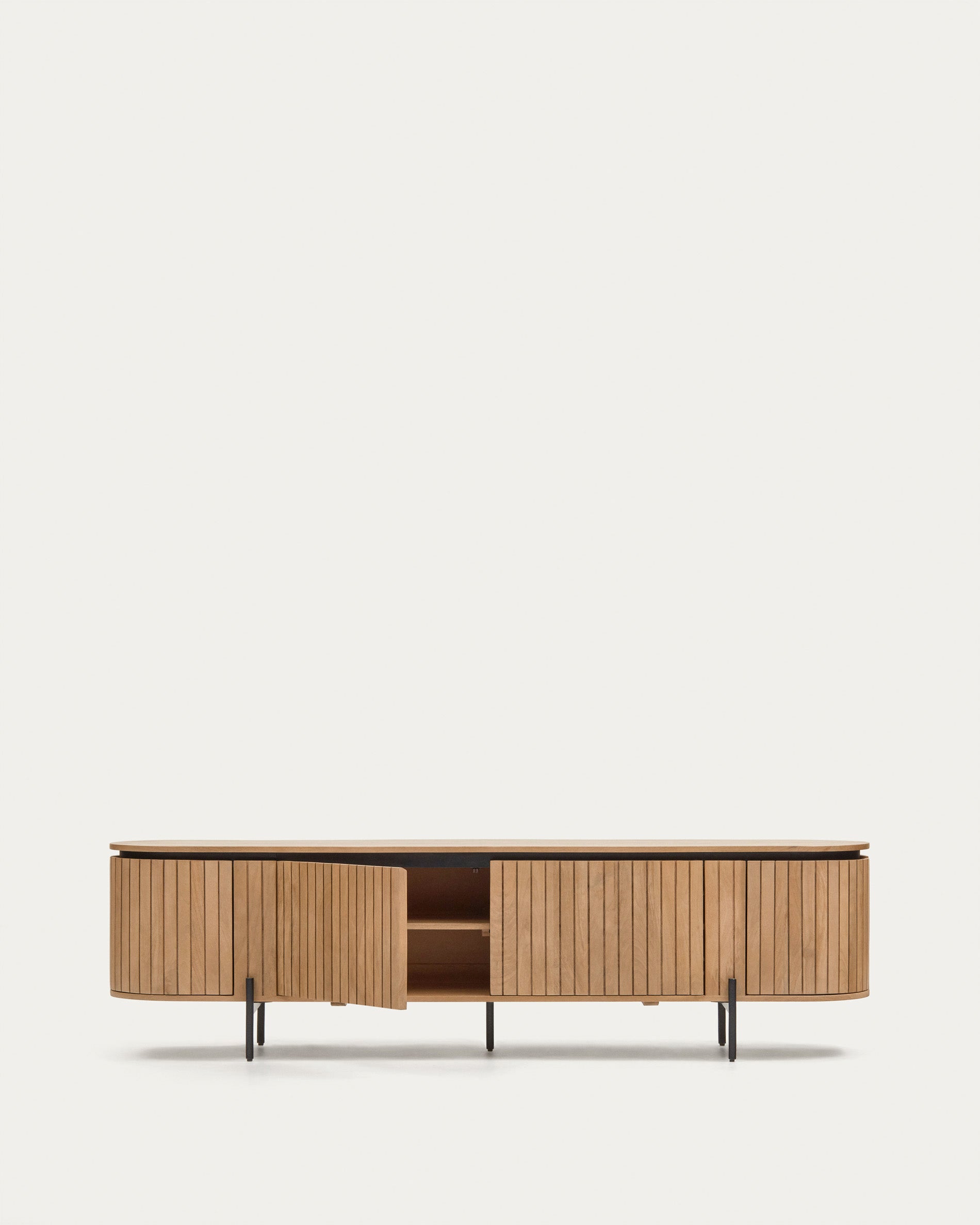 Licia TV stand with 4 doors, solid mango wood with natural finish and metal, 200 x 55 cm - Product View