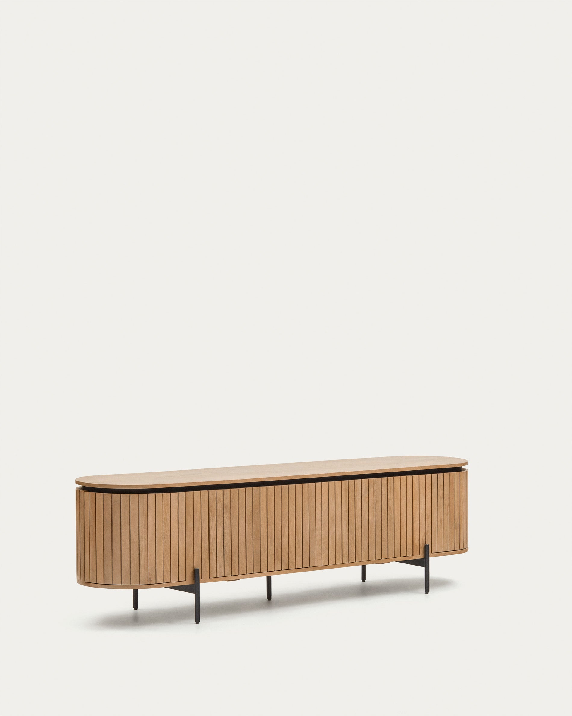 Licia TV stand with 4 doors, solid mango wood with natural finish and metal, 200 x 55 cm - Product View