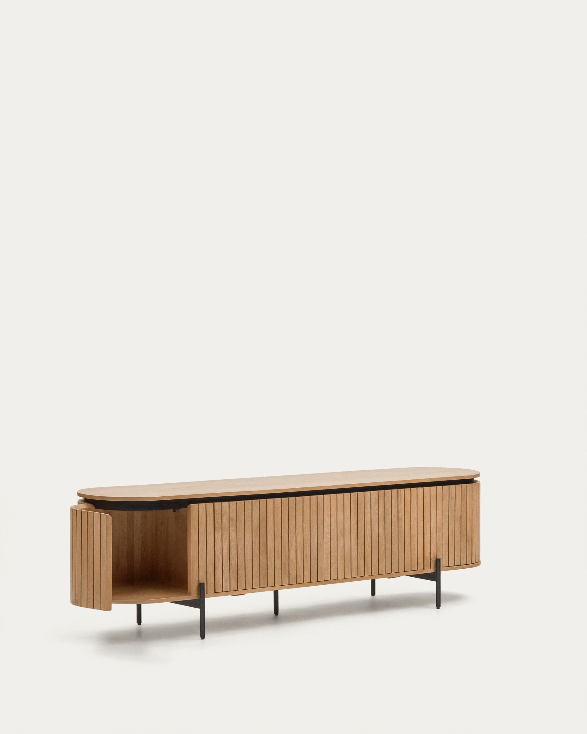 Licia TV stand with 4 doors, solid mango wood with natural finish and metal, 200 x 55 cm - Product View