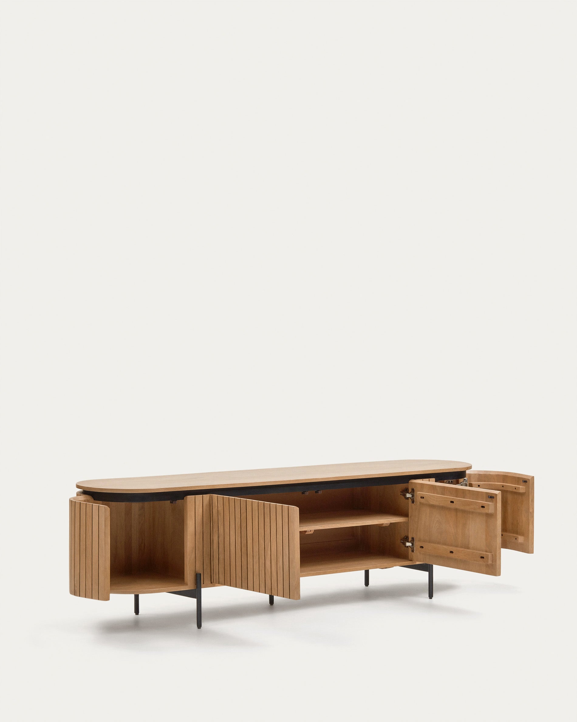 Licia TV stand with 4 doors, solid mango wood with natural finish and metal, 200 x 55 cm - Product View