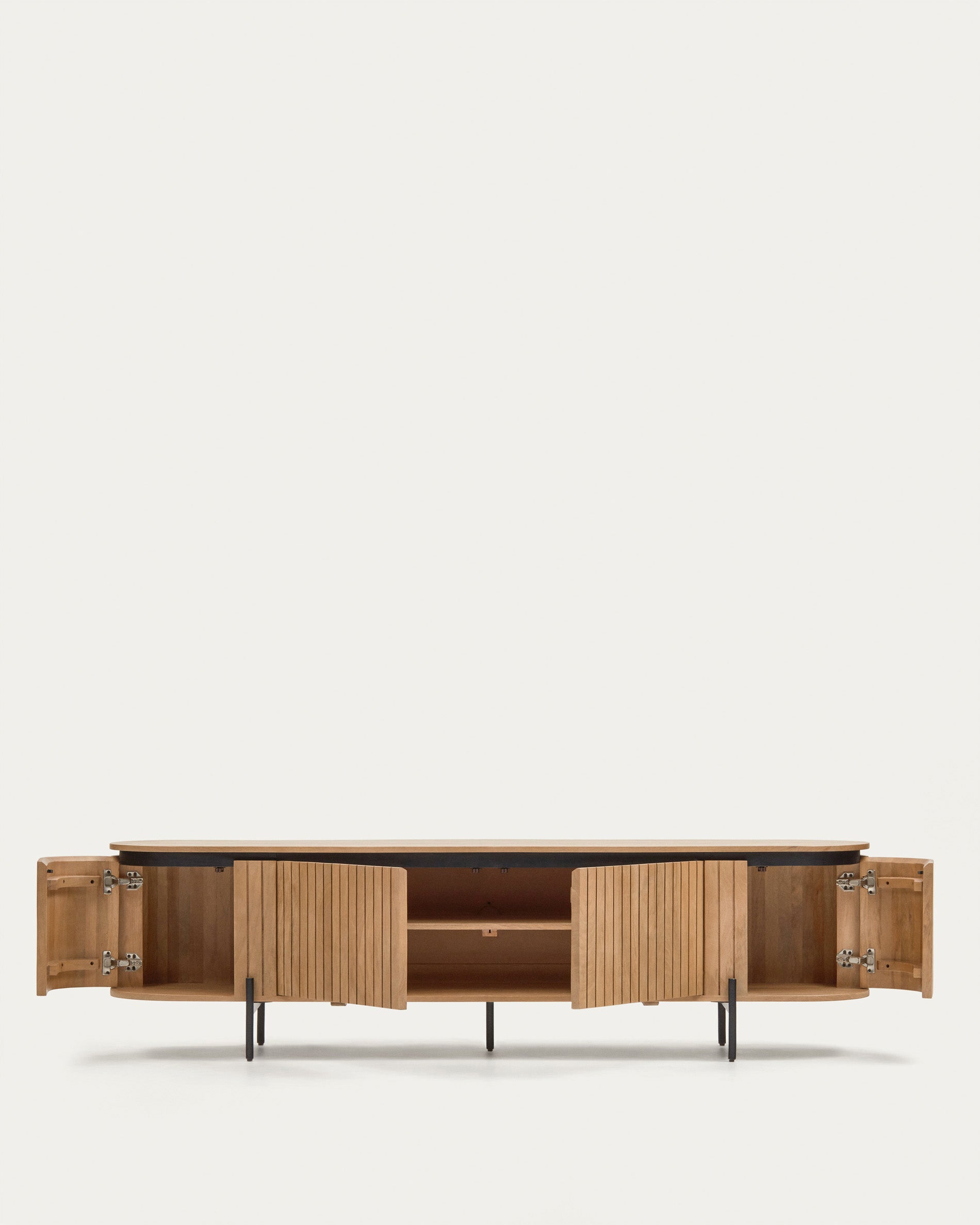 Licia TV stand with 4 doors, solid mango wood with natural finish and metal, 200 x 55 cm - Product View