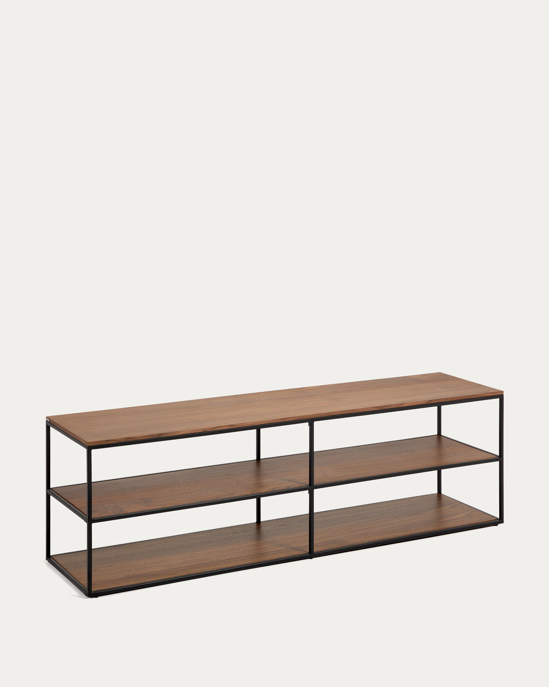 Yoana TV stand with a walnut veneer and painted black metal structure, 160 x 40 cm - Product View