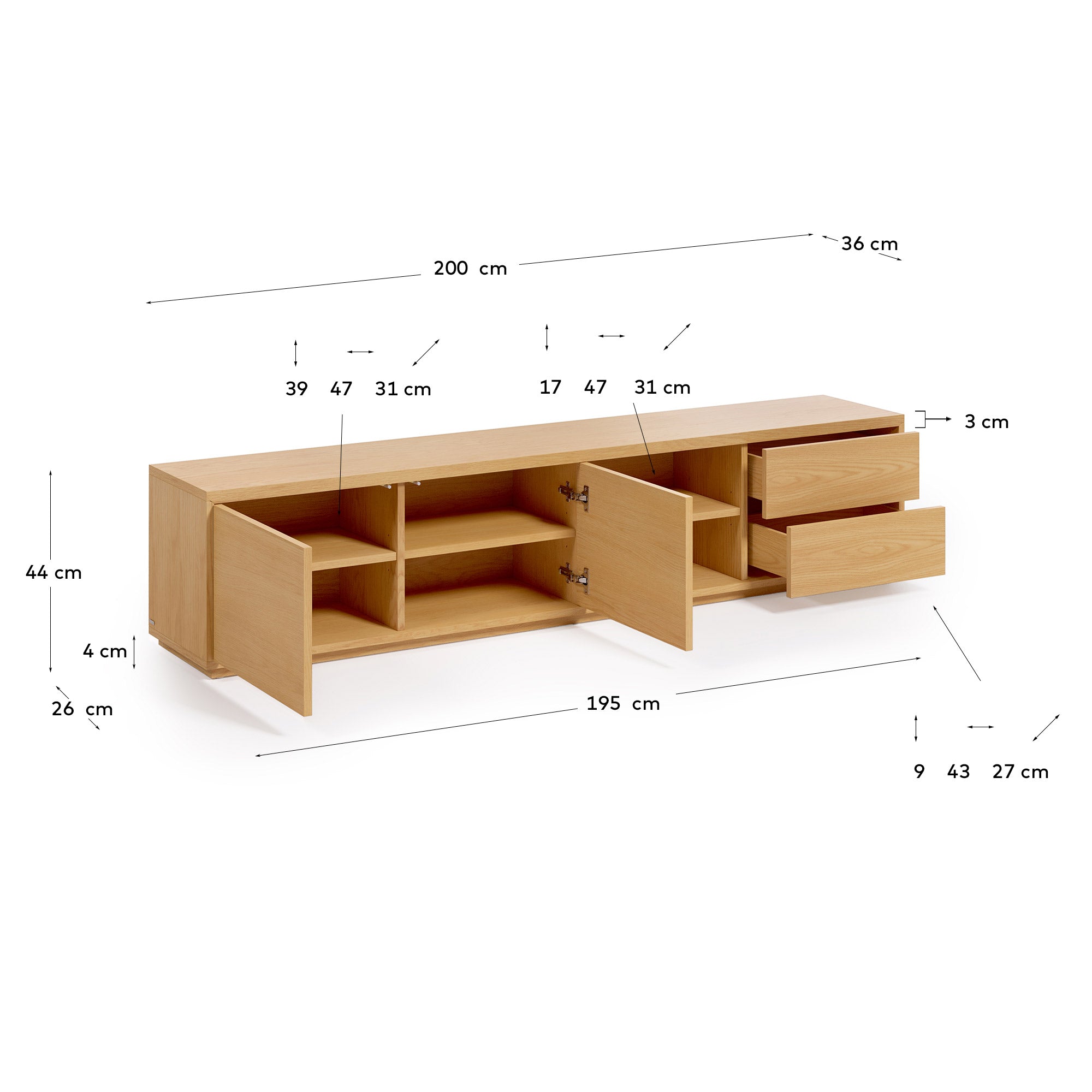 Abilen oak wood veneer 2 door TV stand with 2 drawers, 200 x 44 cm FSC 100% - Measurements