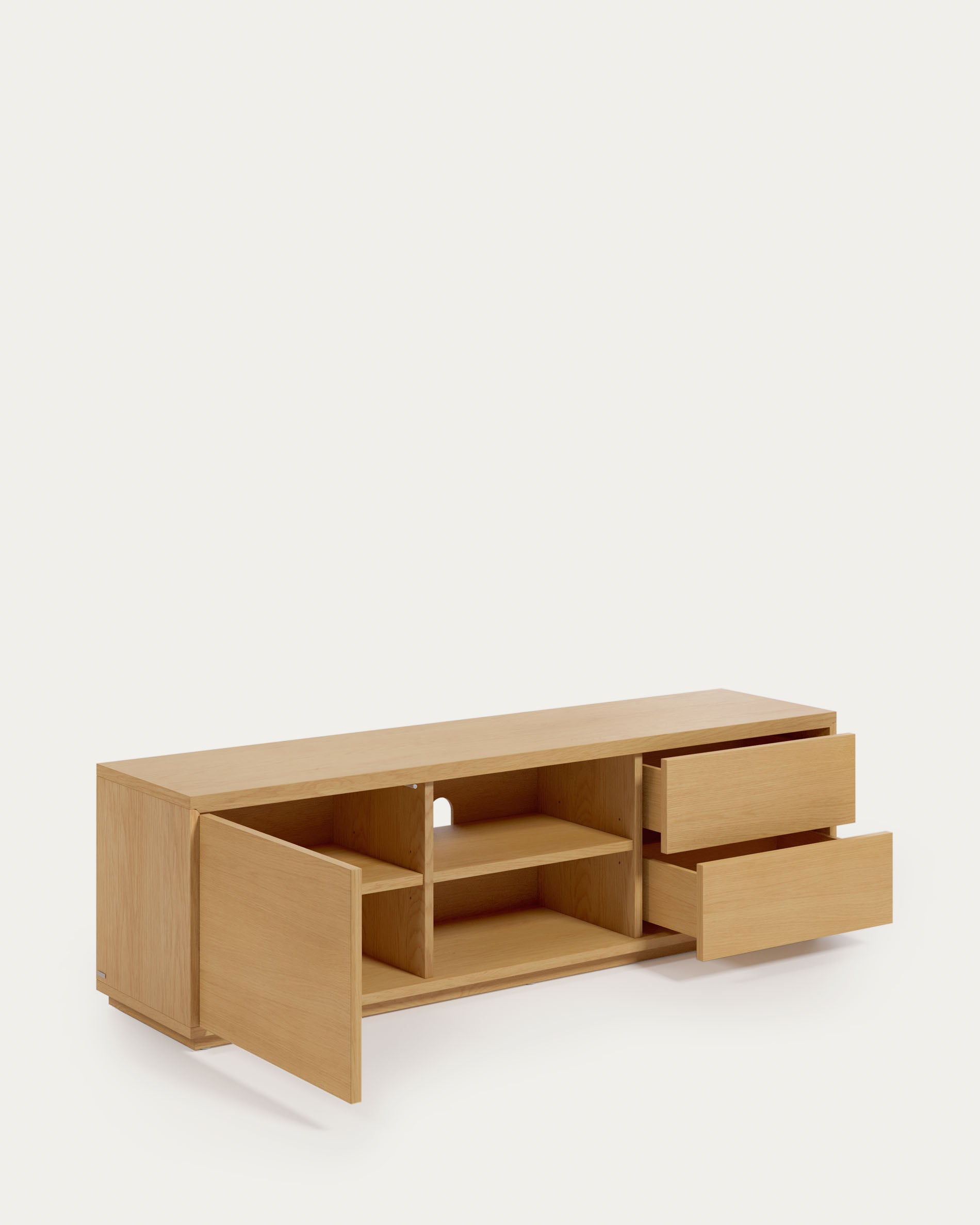 Abilen oak wood veneer single door TV stand with 2 drawers, 150 x 44 cm FSC 100% - Product View