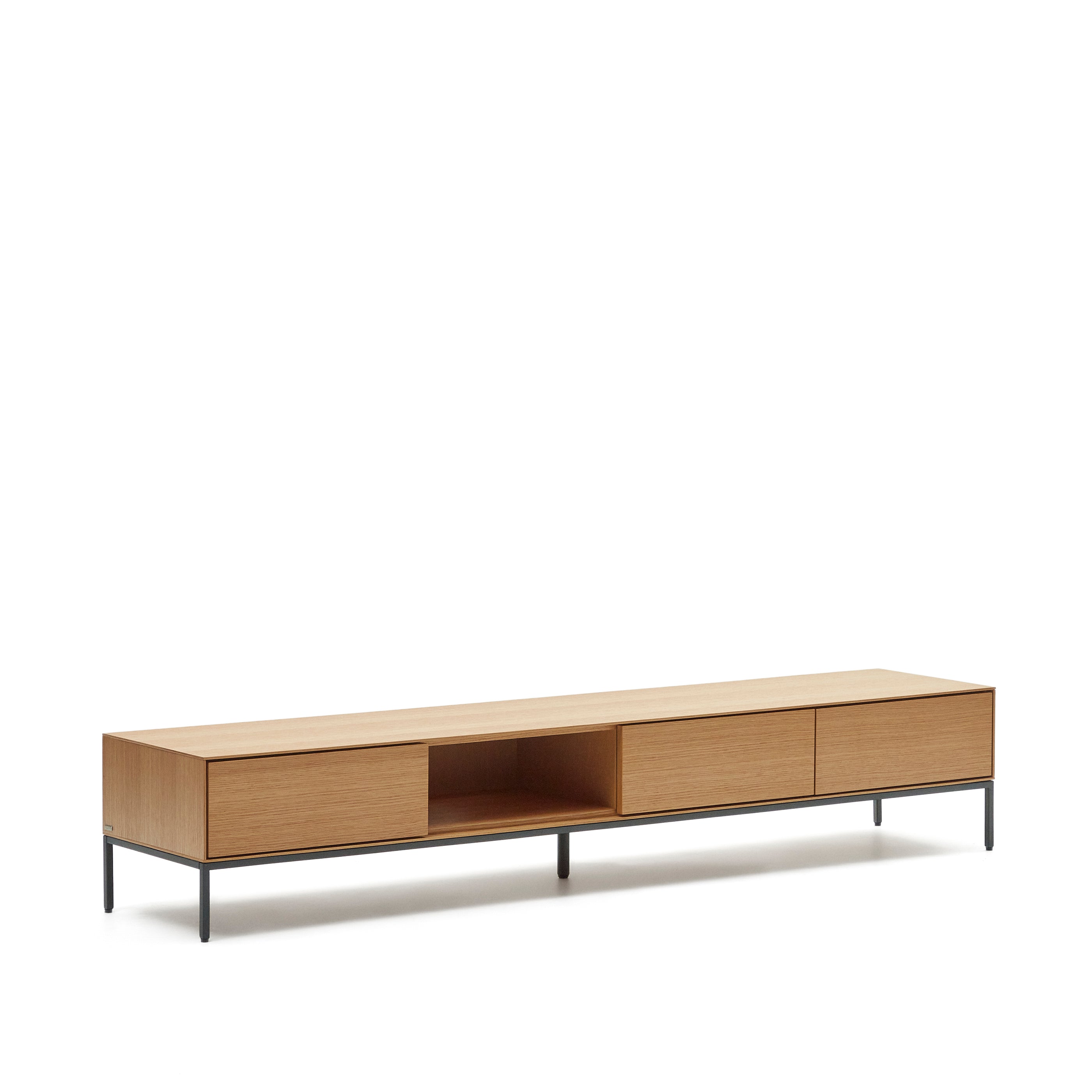Vedrana 3 drawer TV stand in oak veneer with black steel legs, 195 x 35 cm - Product Image