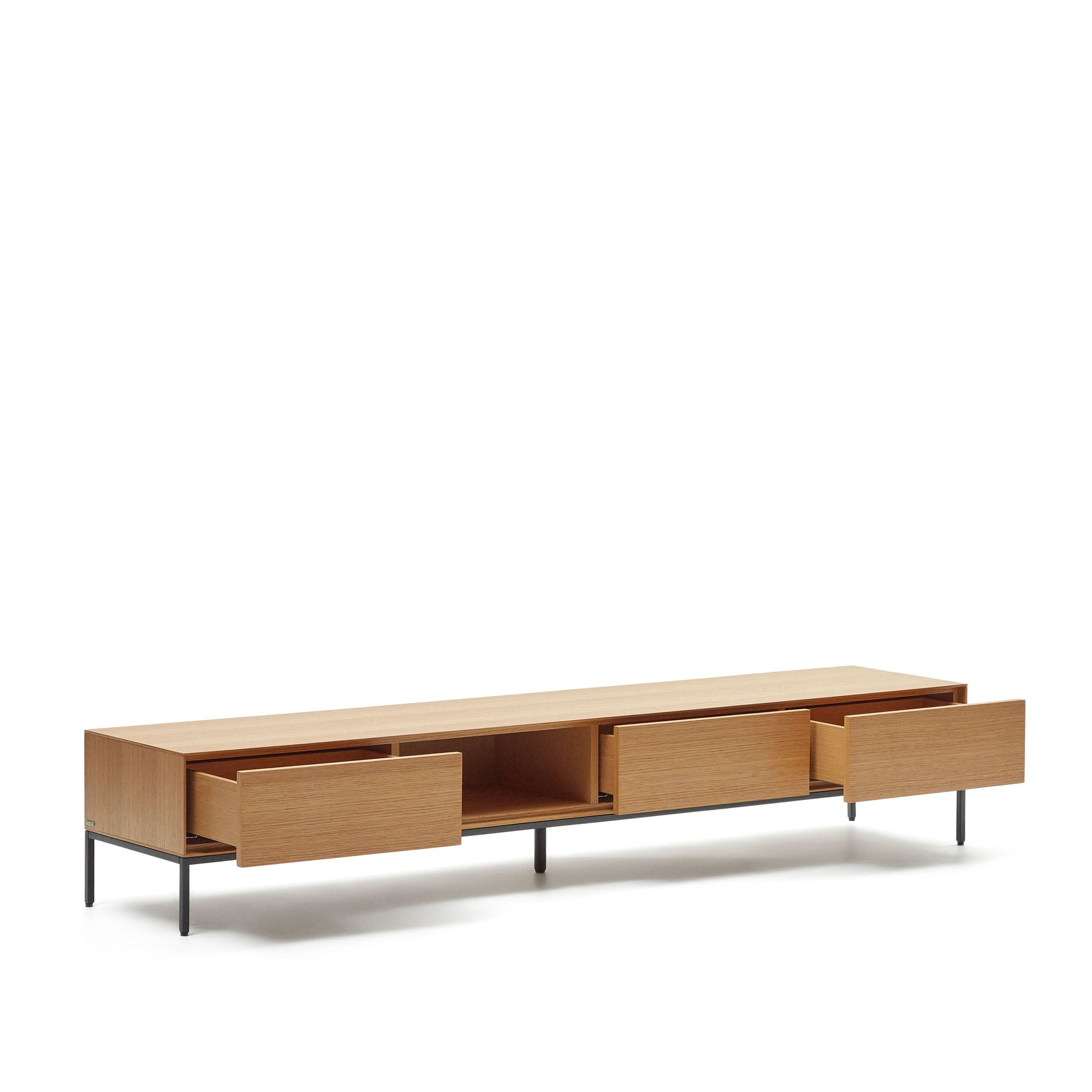 Vedrana 3 drawer TV stand in oak veneer with black steel legs, 195 x 35 cm - Product Image