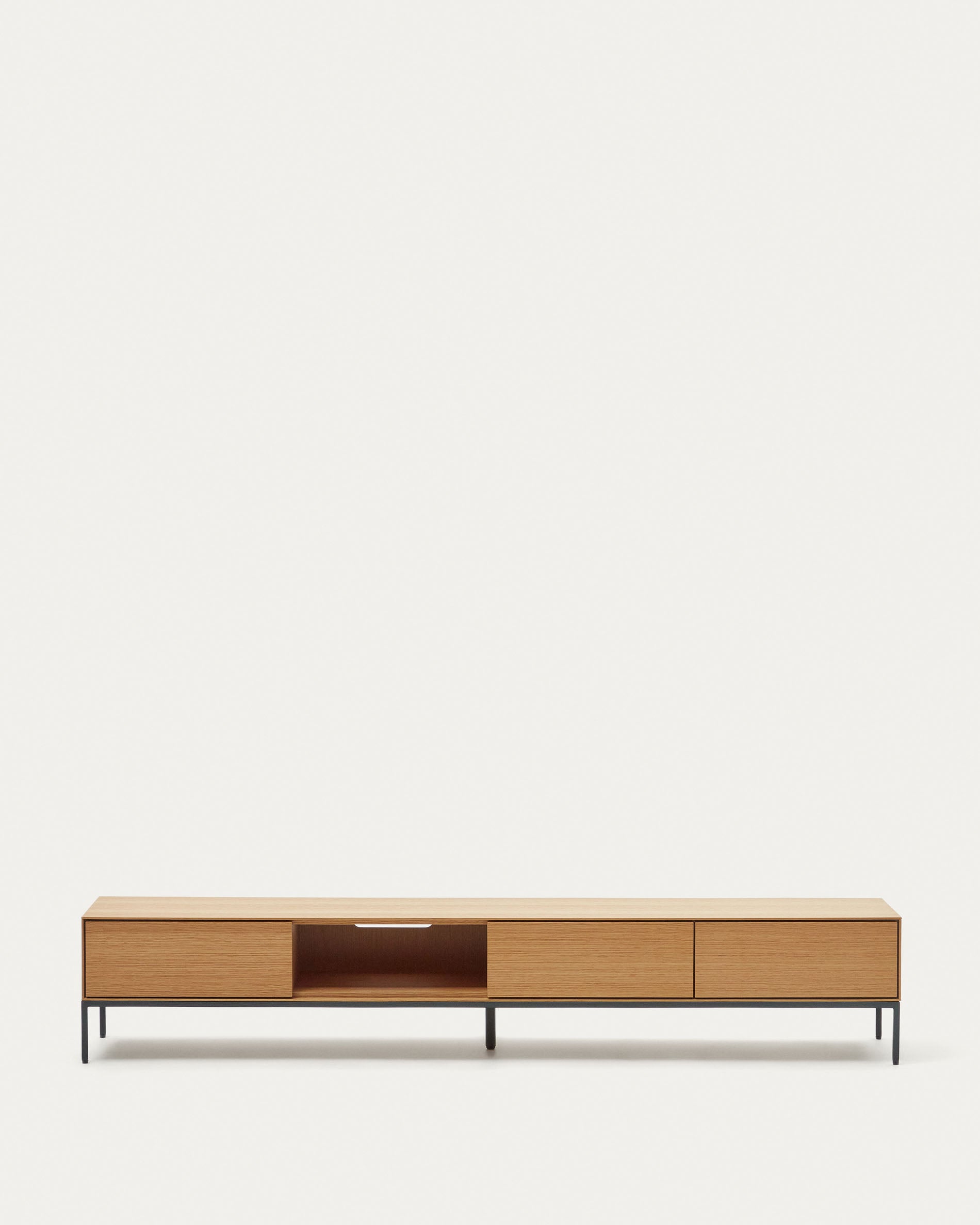 Vedrana 3 drawer TV stand in oak veneer with black steel legs, 195 x 35 cm - Product View