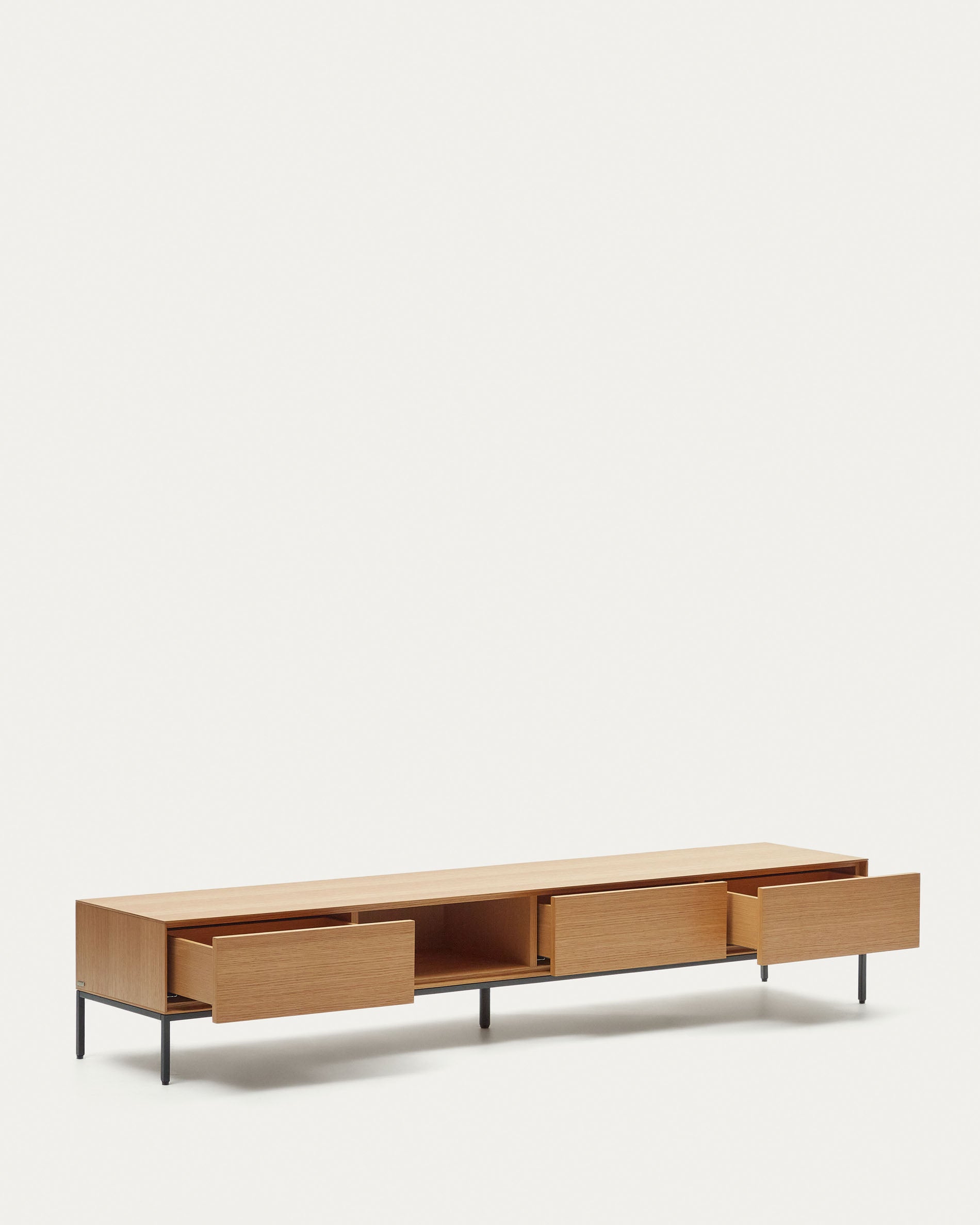 Vedrana 3 drawer TV stand in oak veneer with black steel legs, 195 x 35 cm - Product View