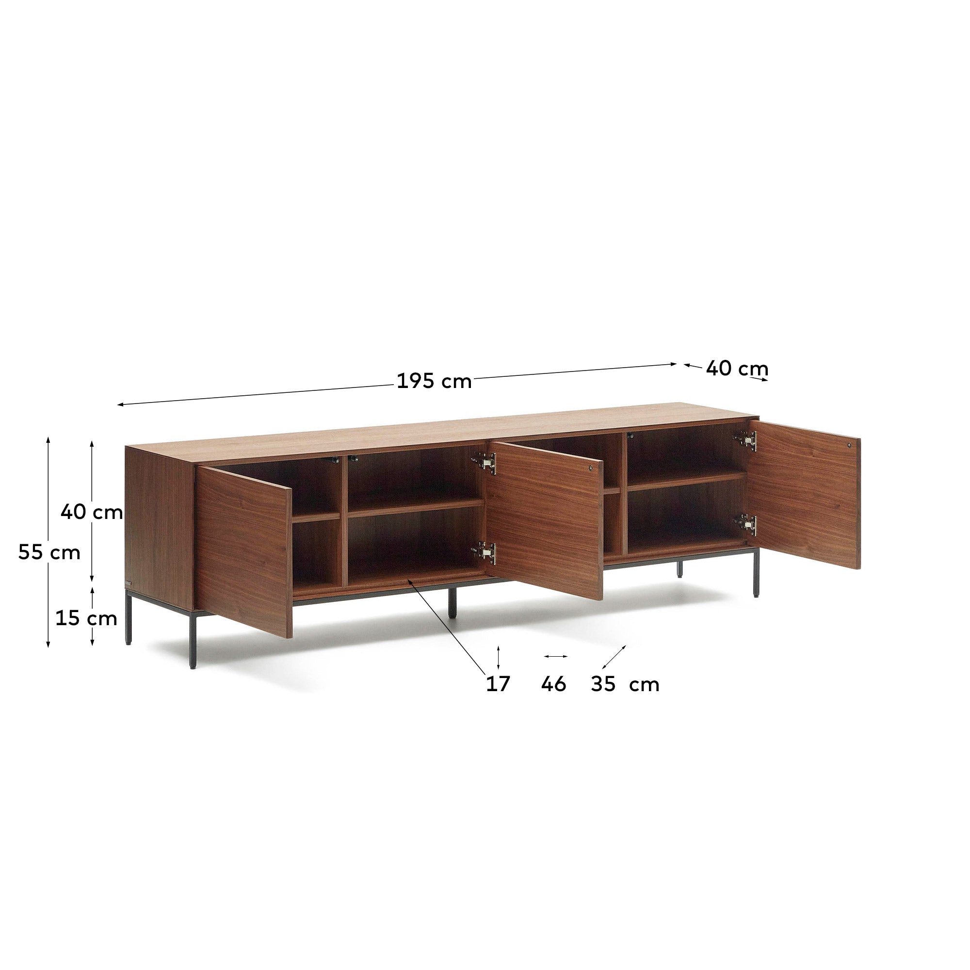 Vedrana 3-door TV stand in walnut veneer with black steel legs, 195 x 55 cm - Measurements