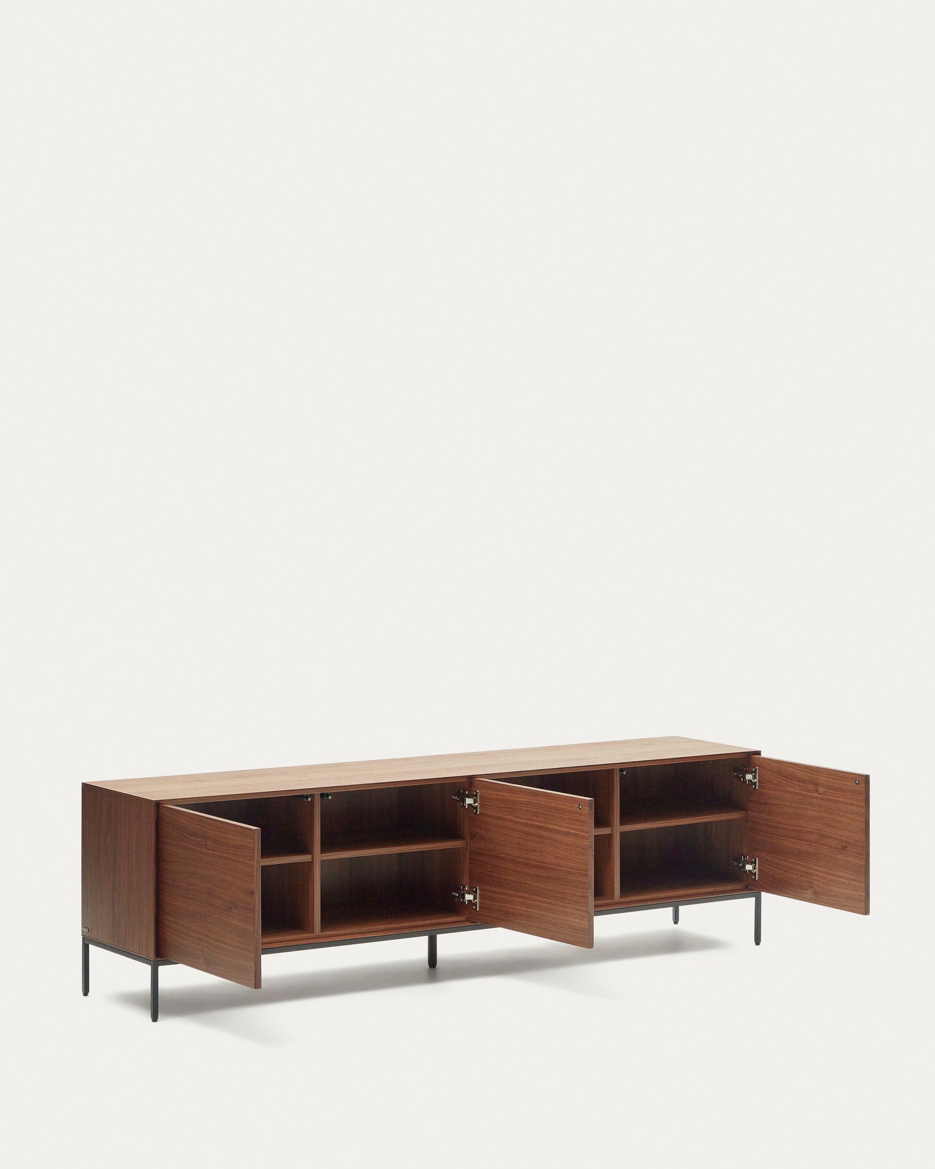 Vedrana 3-door TV stand in walnut veneer with black steel legs, 195 x 55 cm - Product View