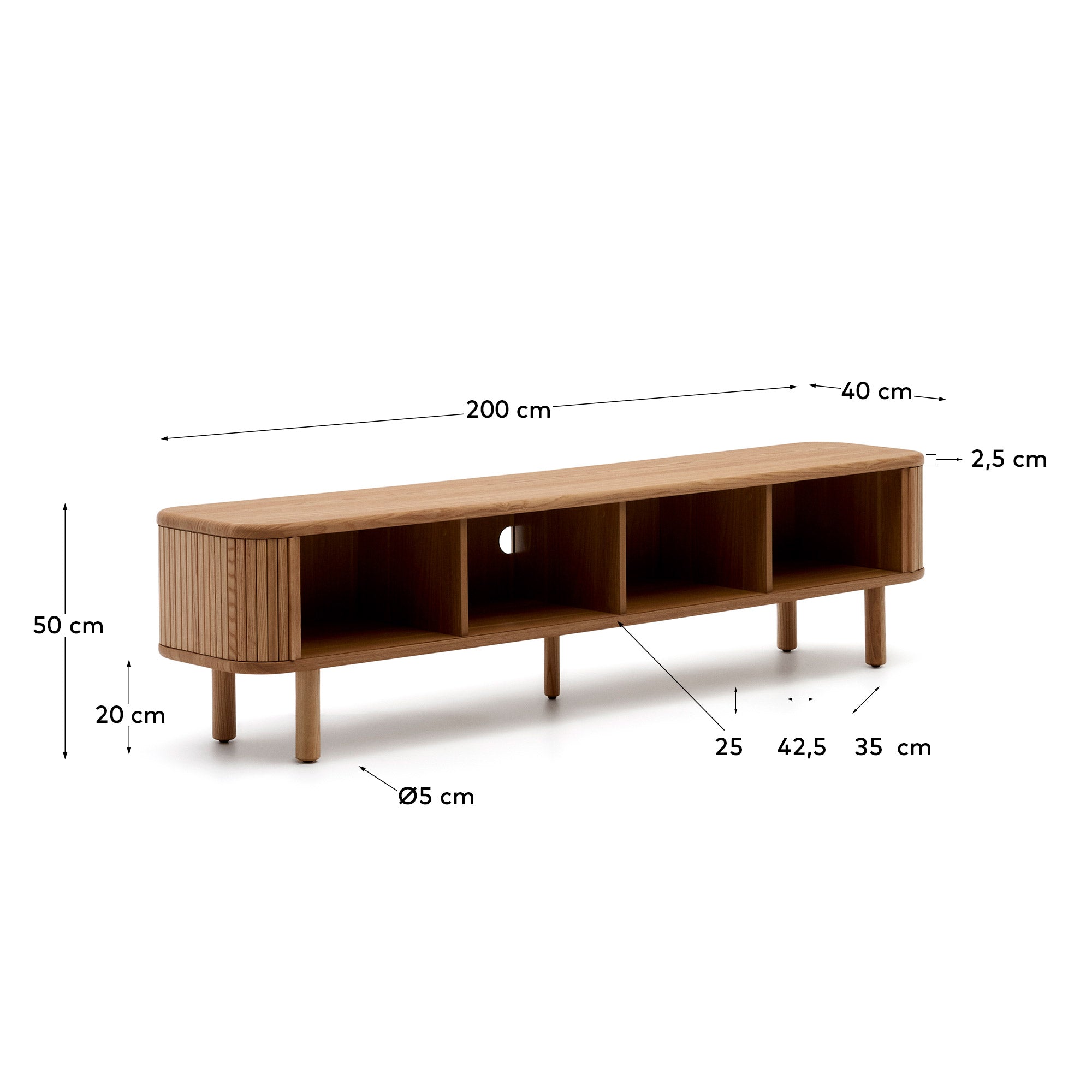 Mailen 2 door TV stand in ash veneer with a natural finish 200 x 50 cm - Measurements