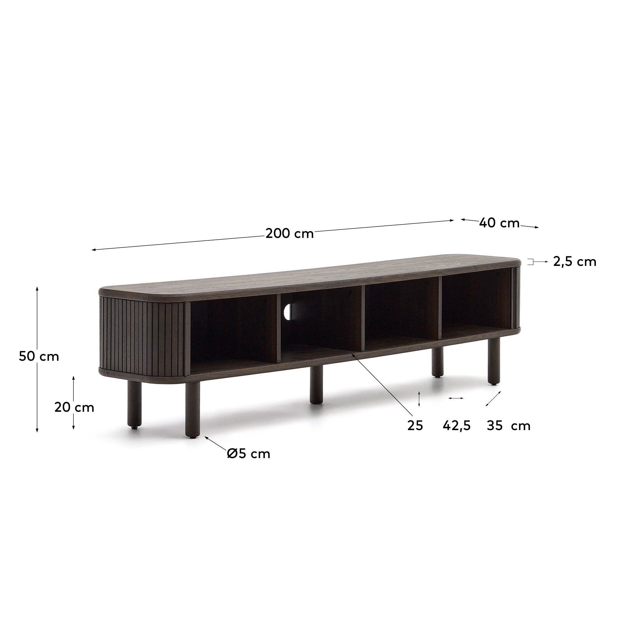 Mailen 2 door TV stand in ash veneer with a dark finish 200 x 50 cm - Measurements