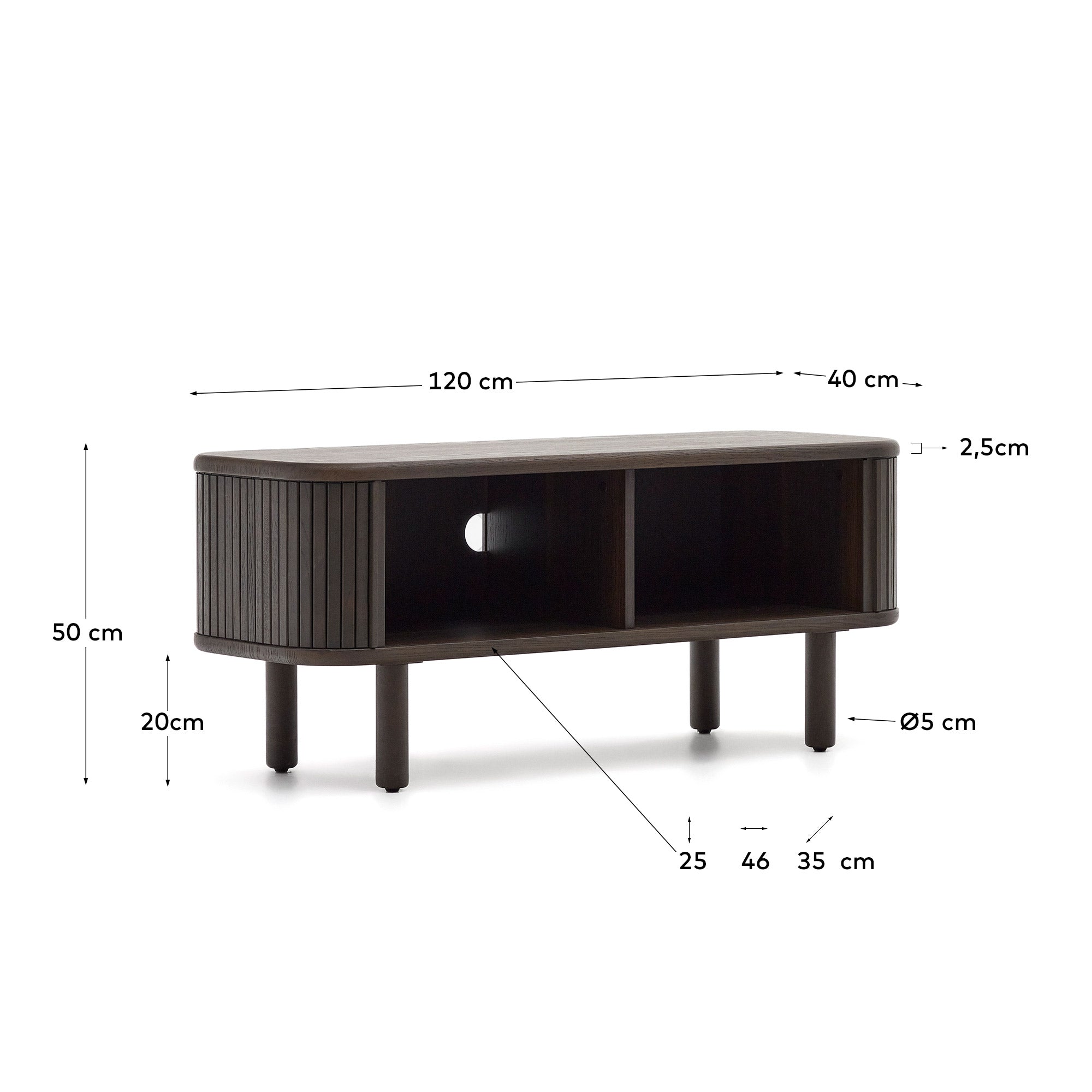 Mailen 2 door TV stand in ash veneer with a dark finish 120 x 50 cm - Measurements
