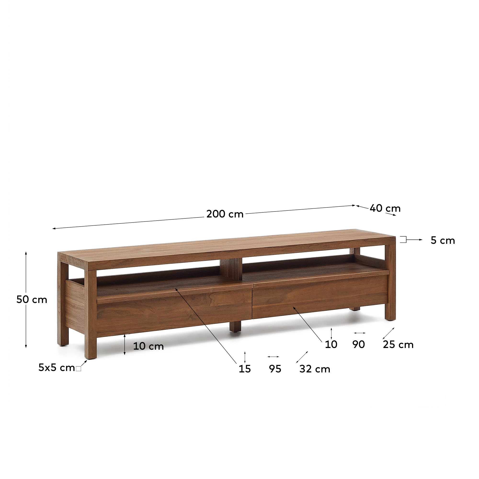 Sashi TV stand made in solid teak wood 200 x 40 cm - Measurements