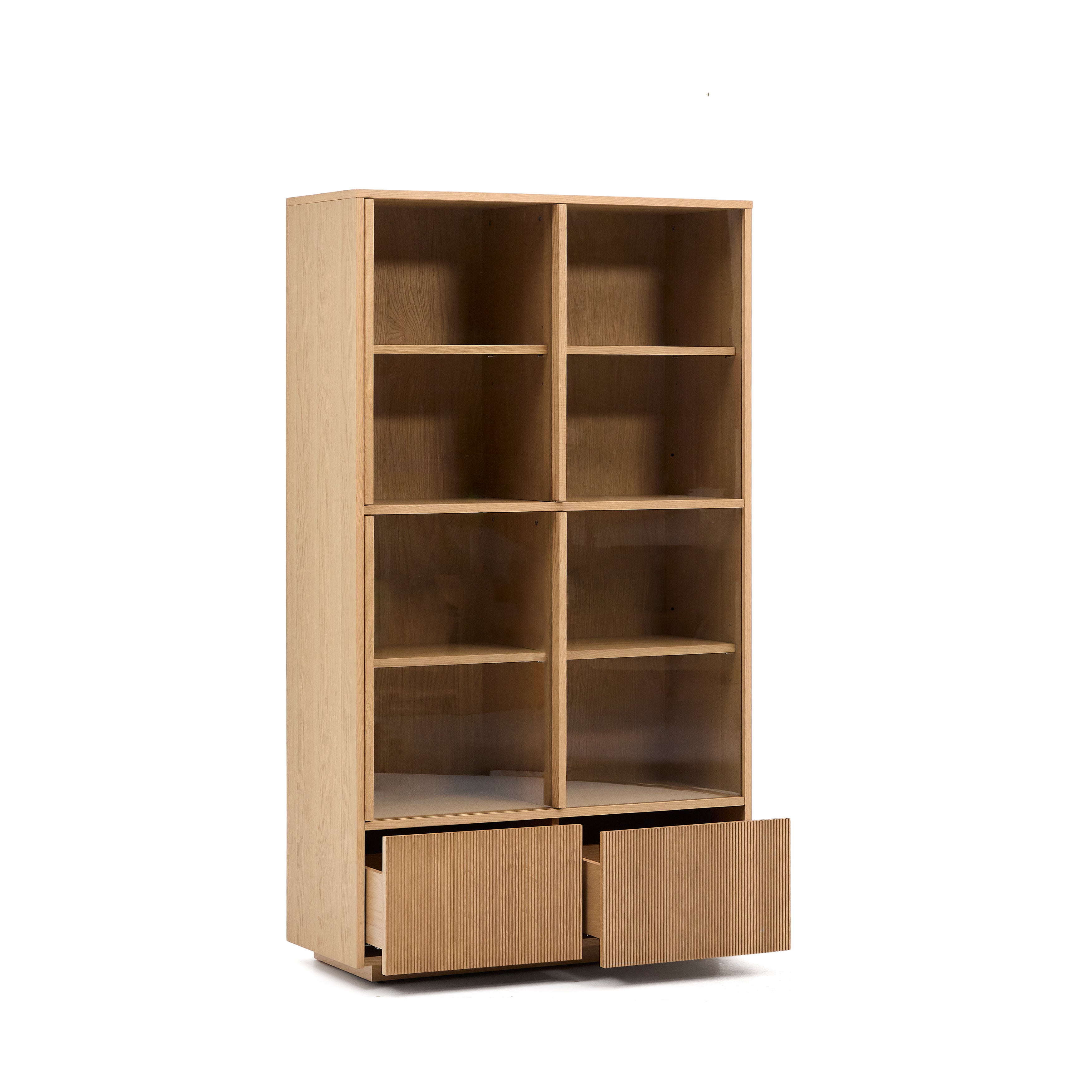 Helvine display cabinet 4 doors 2 drawers oak veneer and tempered glass 100 x 174 cm FSC 100% - Product Image