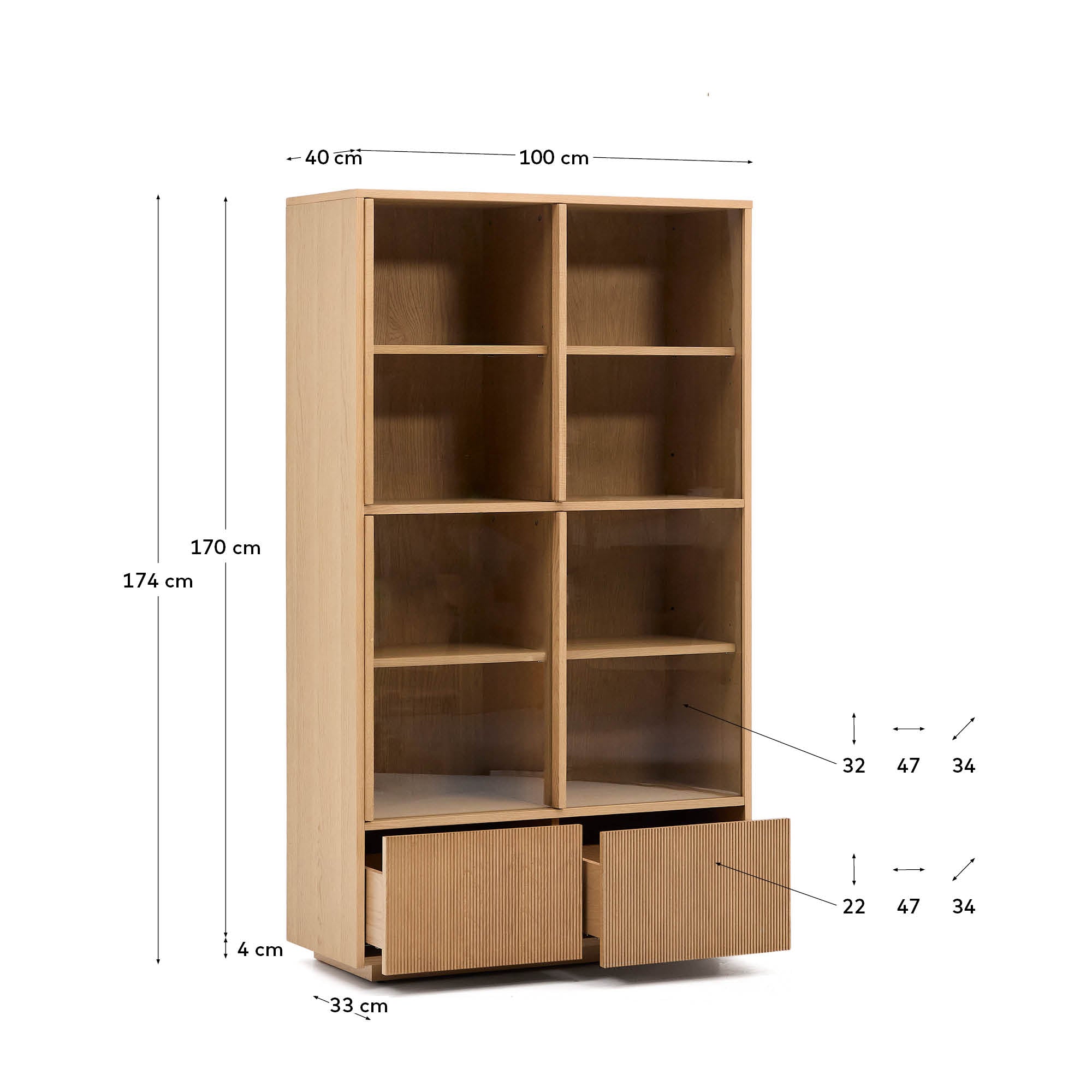 Helvine display cabinet 4 doors 2 drawers oak veneer and tempered glass 100 x 174 cm FSC 100% - Measurements