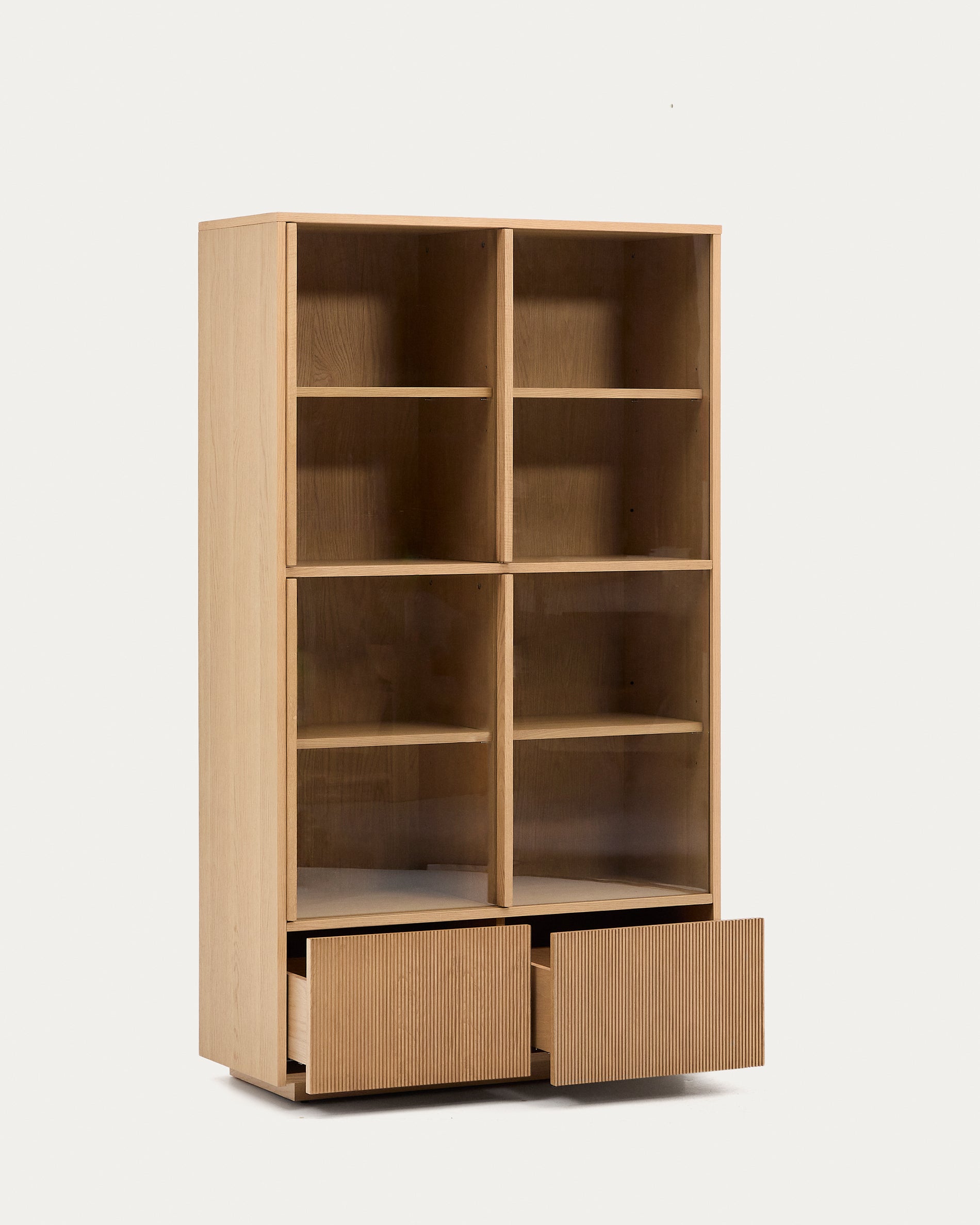 Helvine display cabinet 4 doors 2 drawers oak veneer and tempered glass 100 x 174 cm FSC 100% - Product View