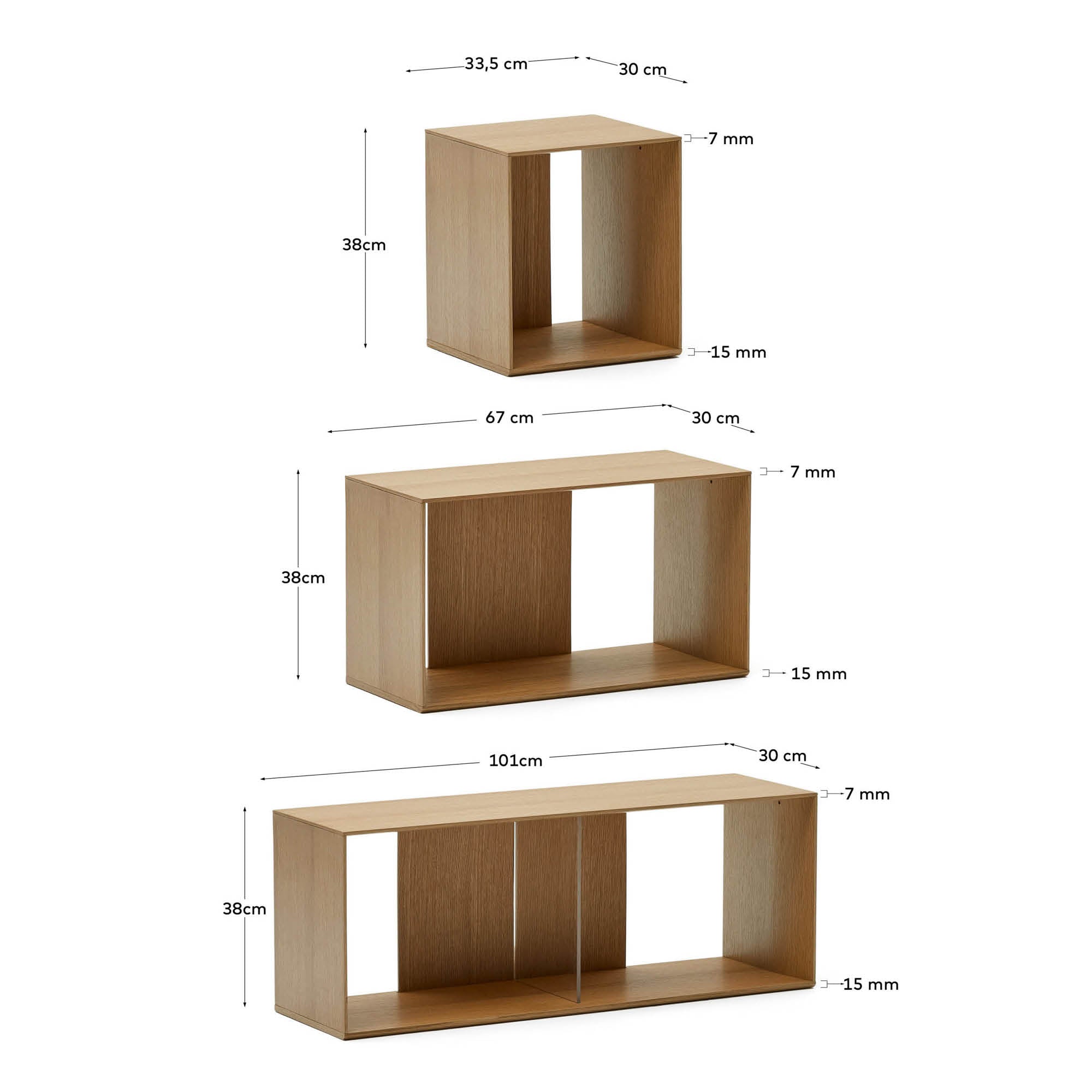 Litto set of 6 modular shelving units in oak wood veneer, 101 x 152 cm - Measurements