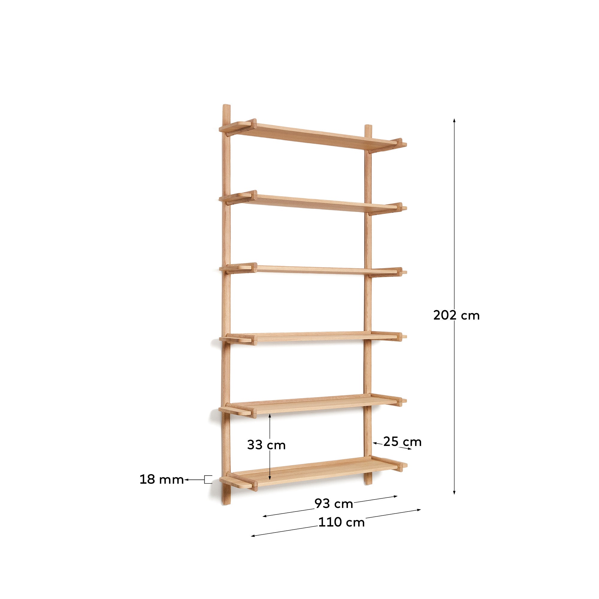 Sitra modular shelf, 6 solid oak wood shelves in a natural finish, 110 cm, FSC Mix Credit - Measurements