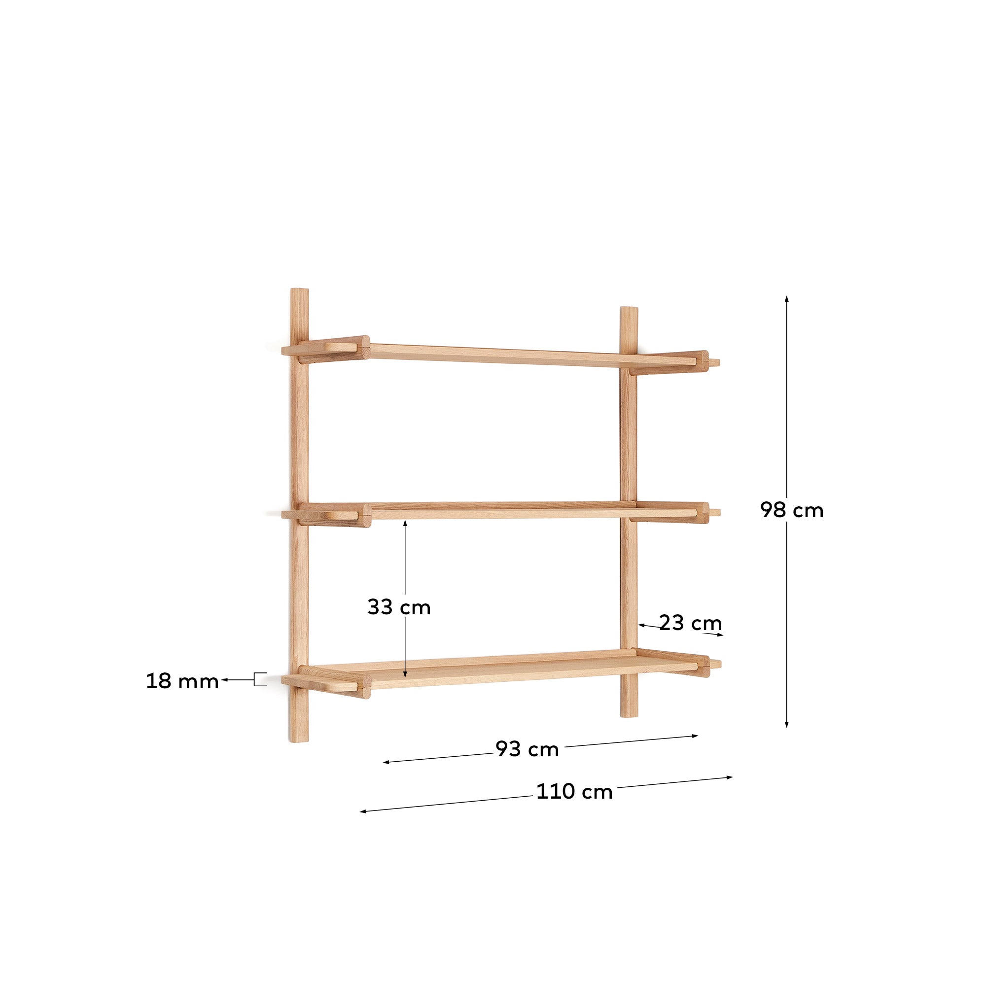 Sitra modular shelf, 3 solid oak wood shelves in a natural finish, 110 cm, FSC Mix Credit - Measurements