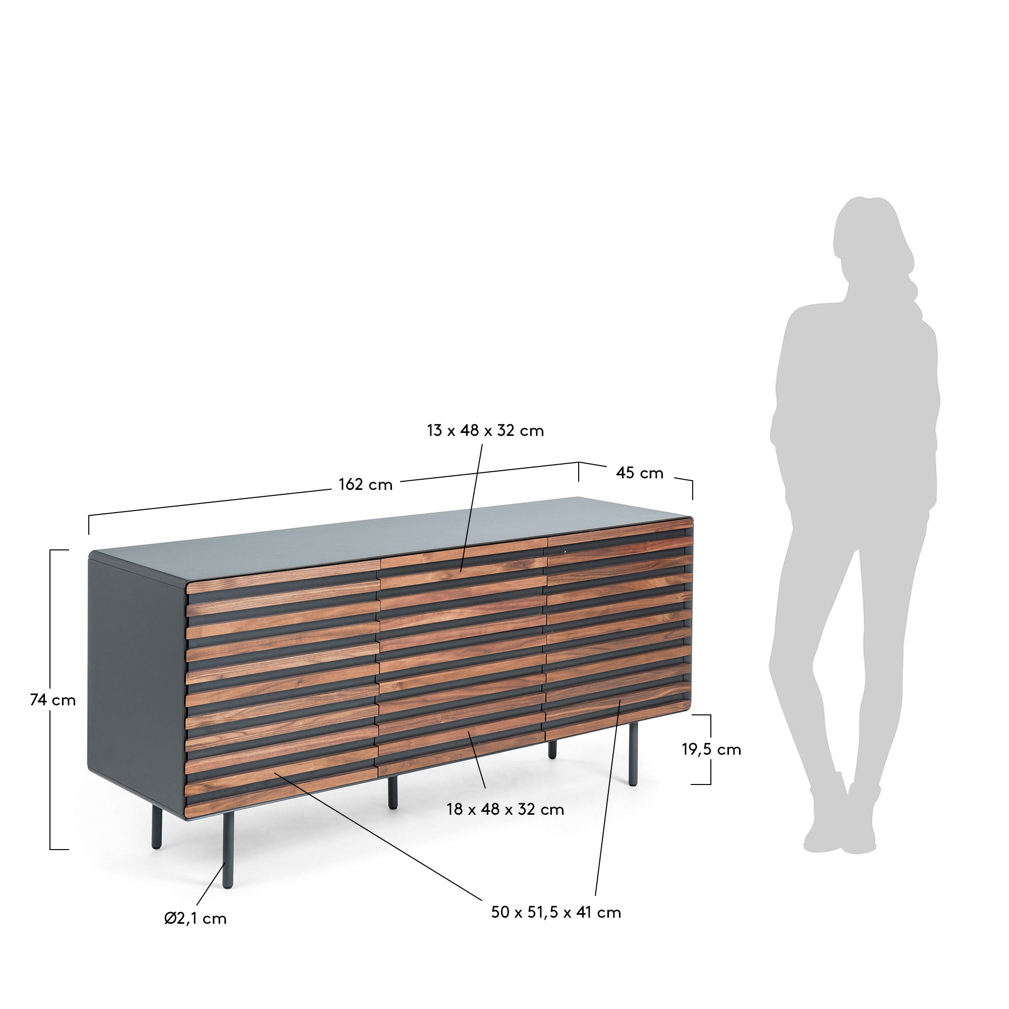 Kesia 2 door sideboard in walnut veneer with black lacquer & black steel, 162 x 74 cm - Measurements
