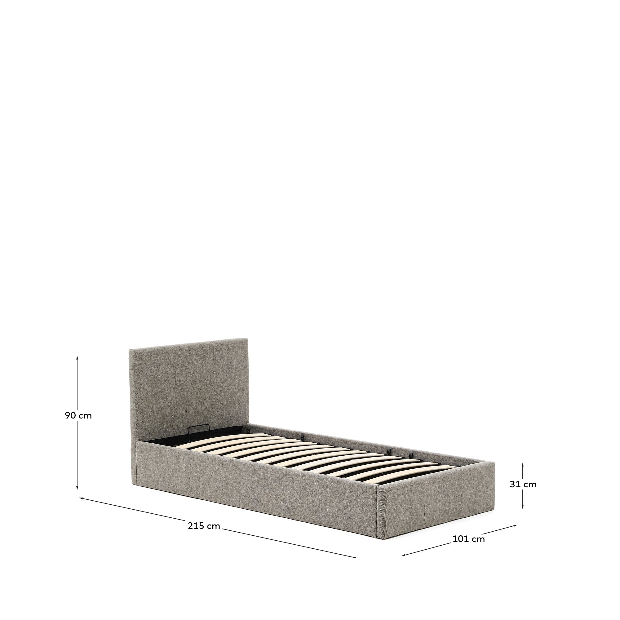 Nahiri upholstered grey ottoman bed for a 90 x 200 cm mattress - Measurements