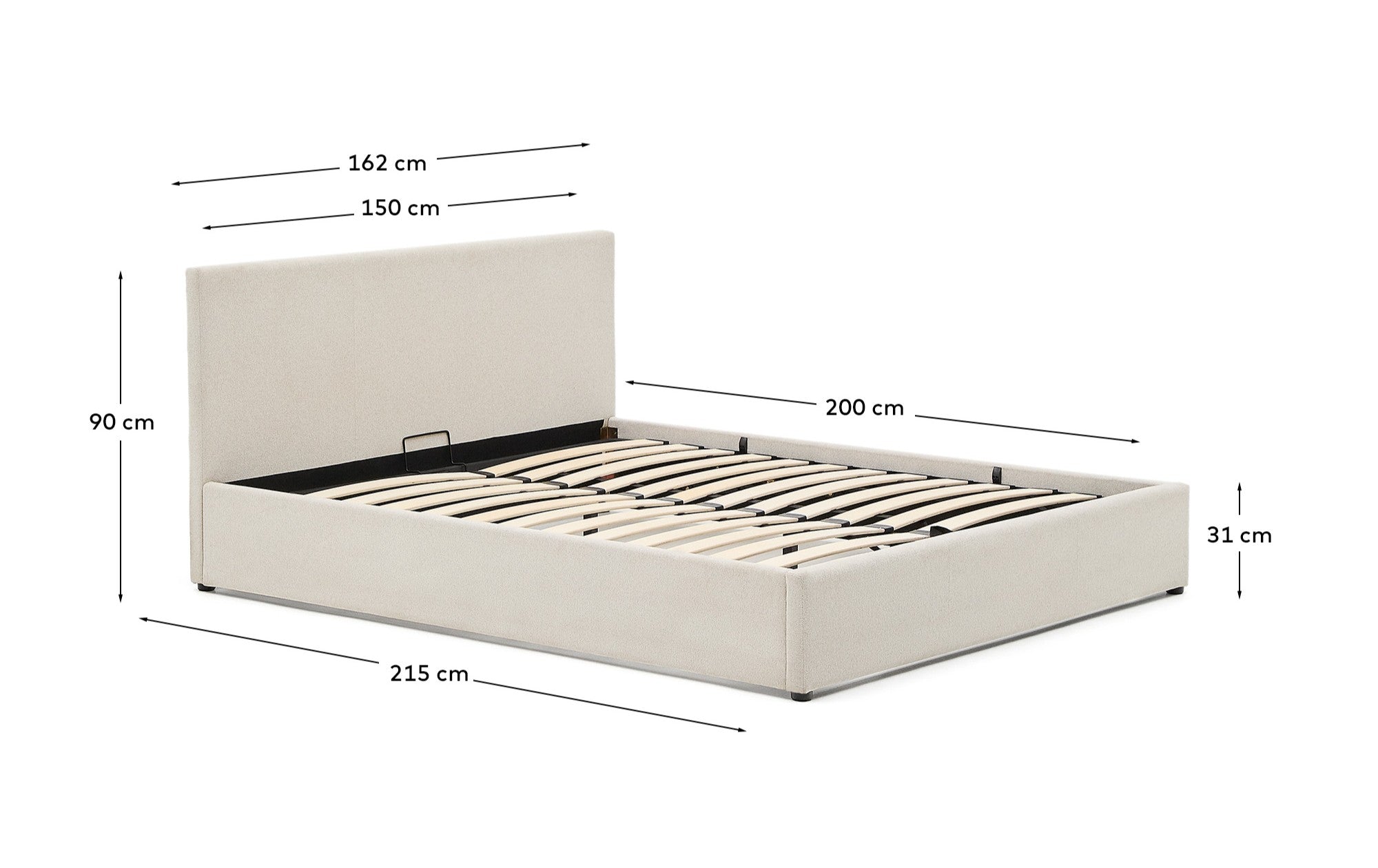 Nahiri beige chenille bed with storage base for 150 x 200cm mattress - Measurements
