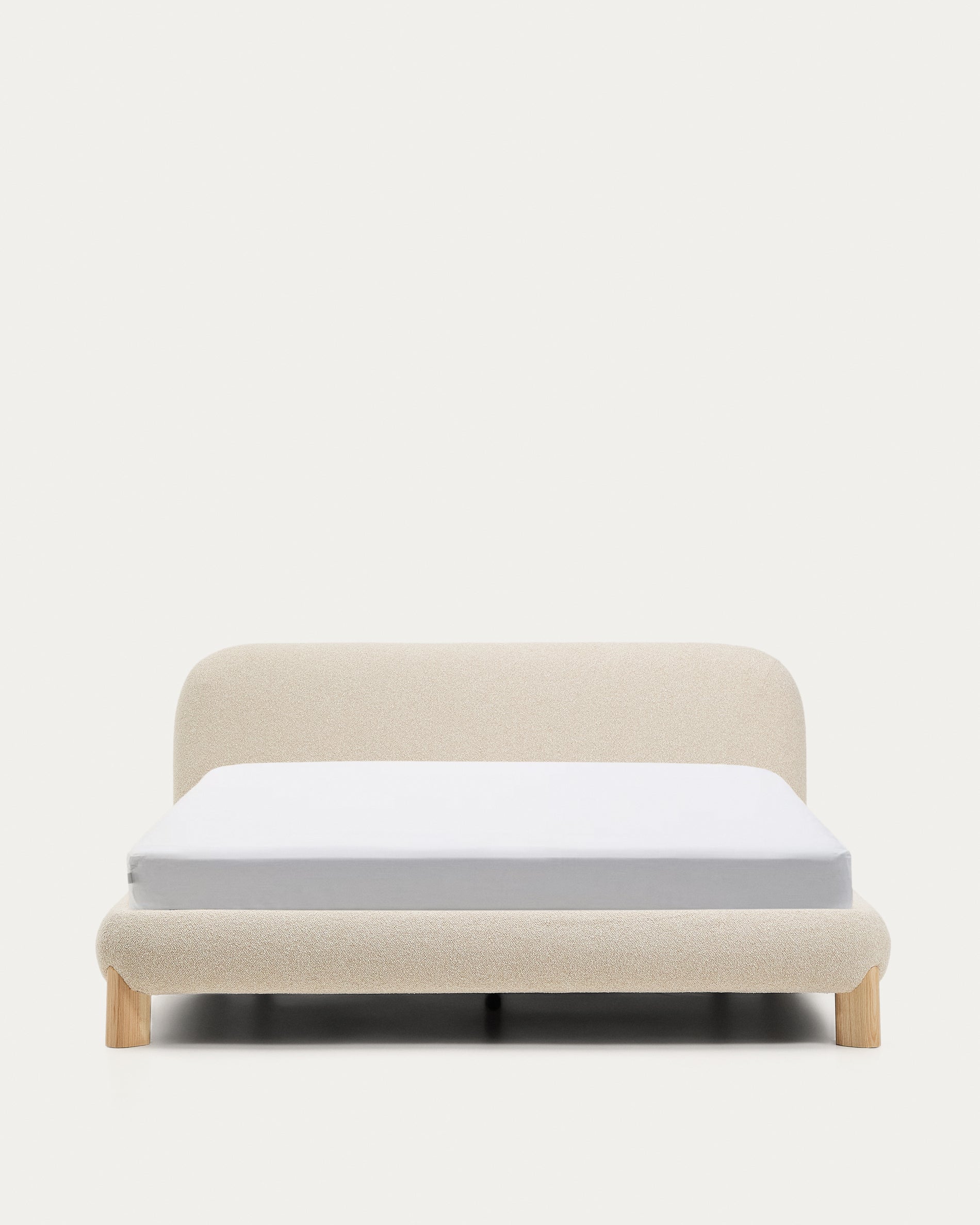 Odina ecru bouclé bed with removable cover and solid ash wood legs with natural finish for 160 x 200cm mattress - Product View