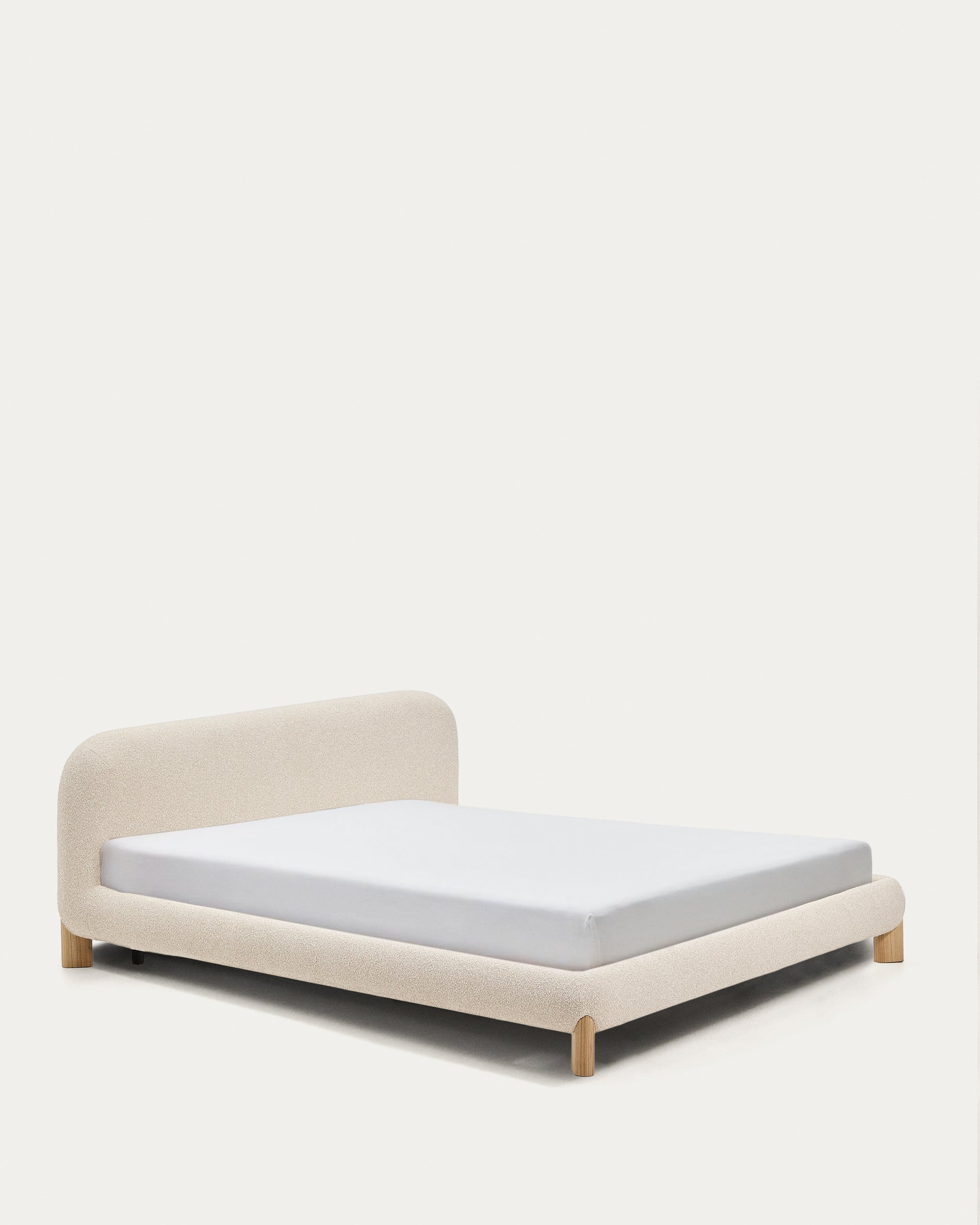 Odina ecru bouclé bed with removable cover and solid ash wood legs with natural finish for 180 x 200cm mattress - Product View