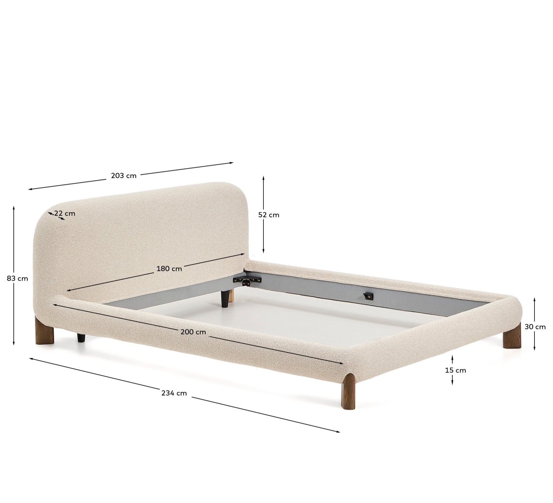 Odina ecru bouclé bed with removable cover and solid ash wood legs with walnut finish for 180 x 200cm mattress - Measurements