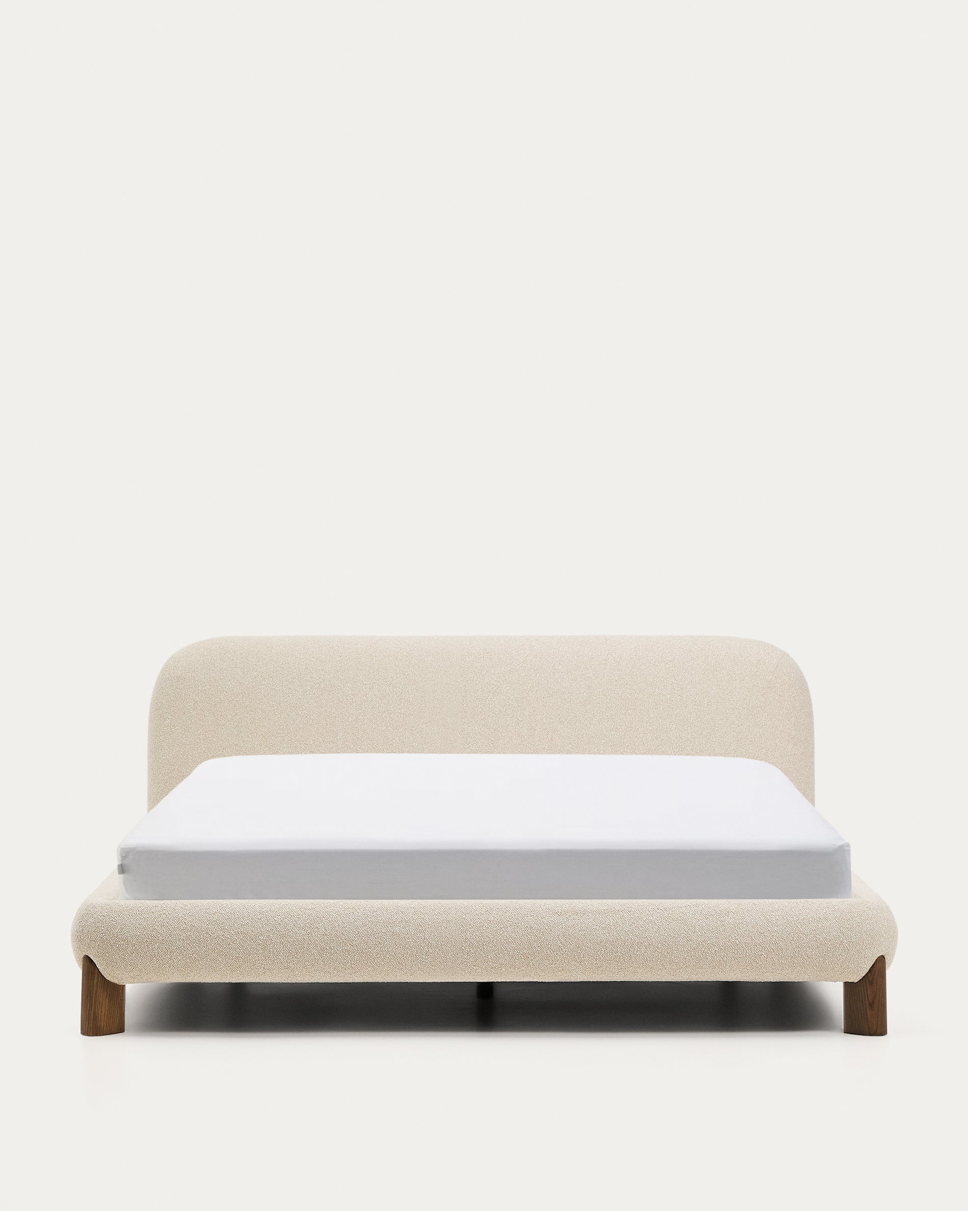 Odina ecru bouclé bed with removable cover and solid ash wood legs with walnut finish for 180 x 200cm mattress - Product View