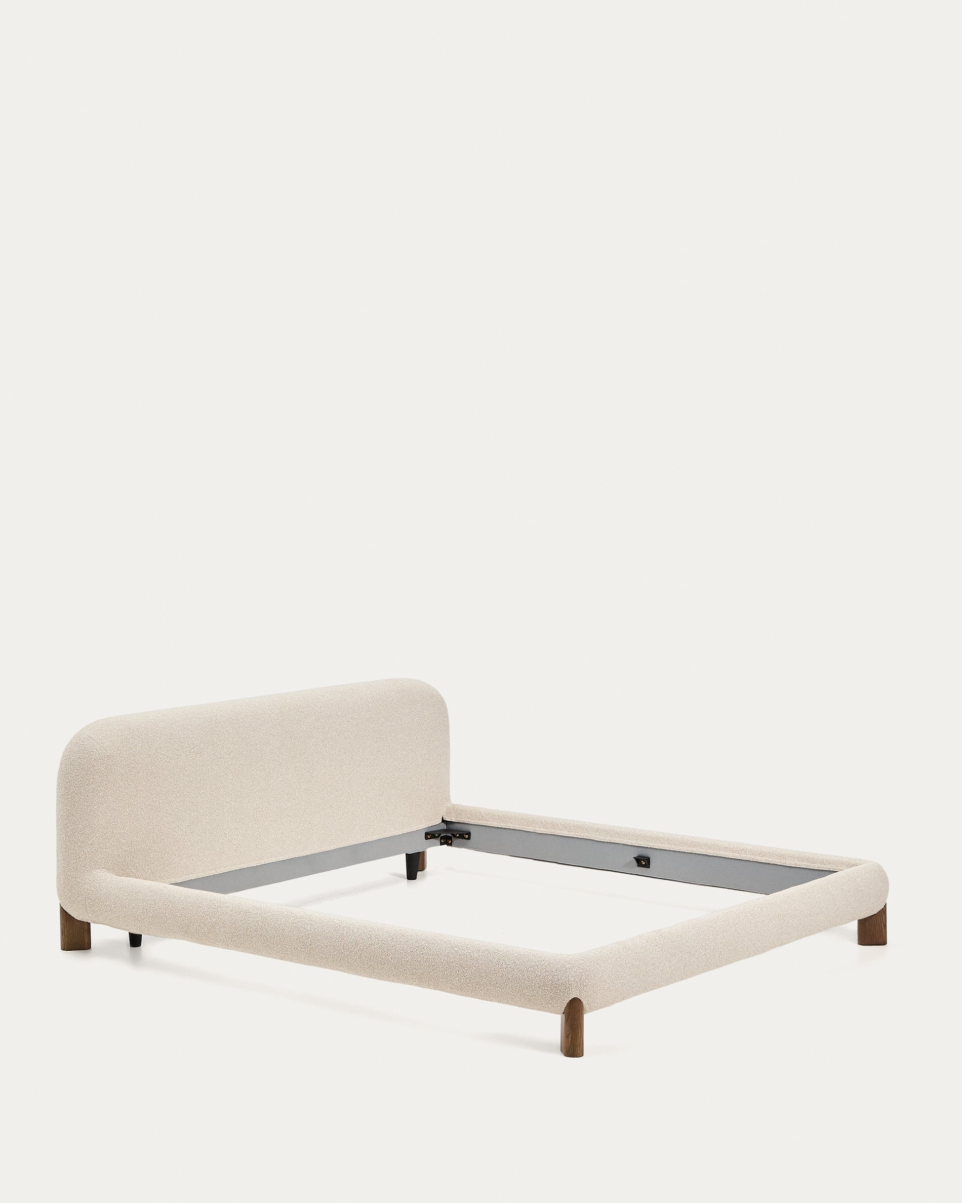 Odina ecru bouclé bed with removable cover and solid ash wood legs with walnut finish for 180 x 200cm mattress - Product View