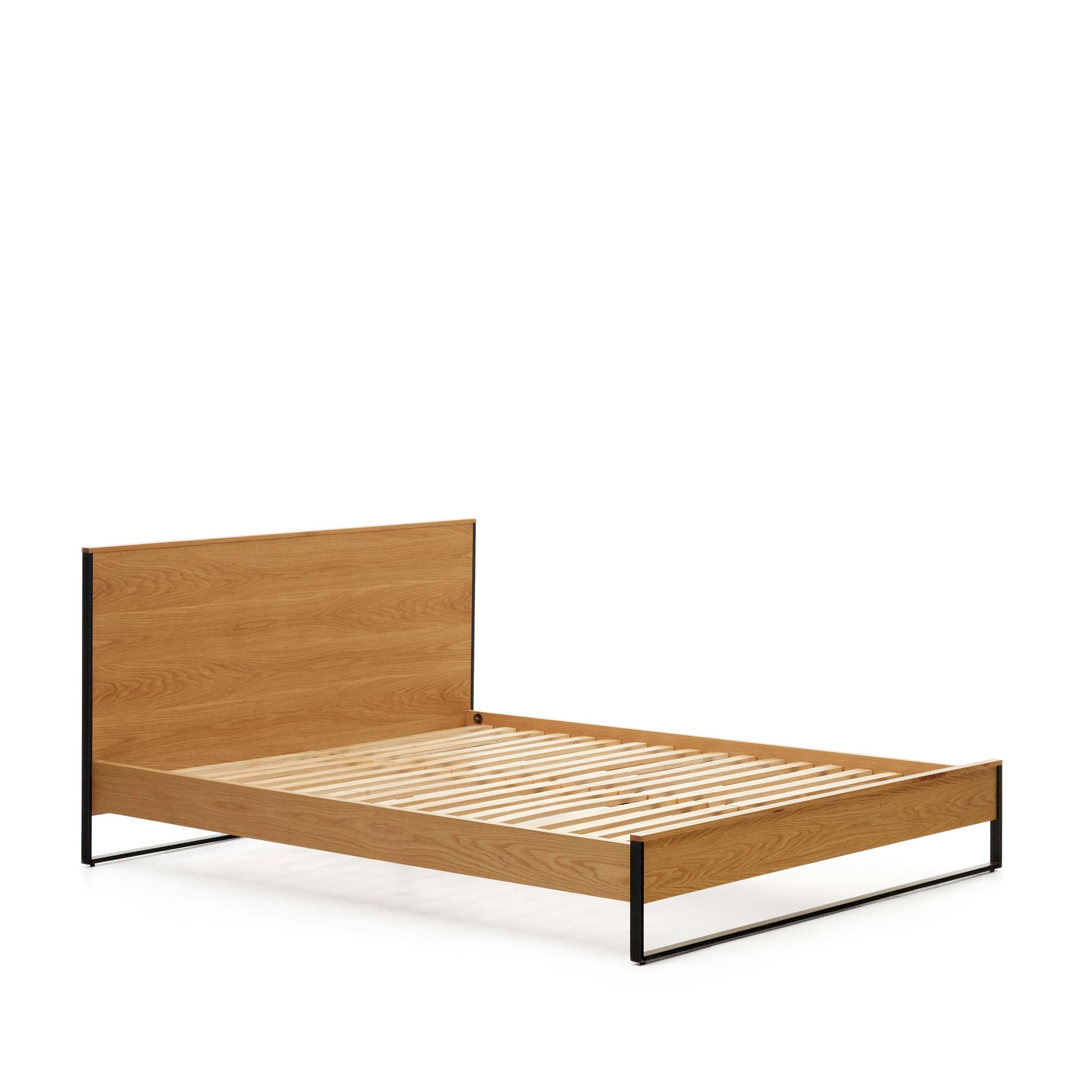 Taiana oak wood veneer bed with steel legs in a black finish, 160 x 200 cm - Product Image