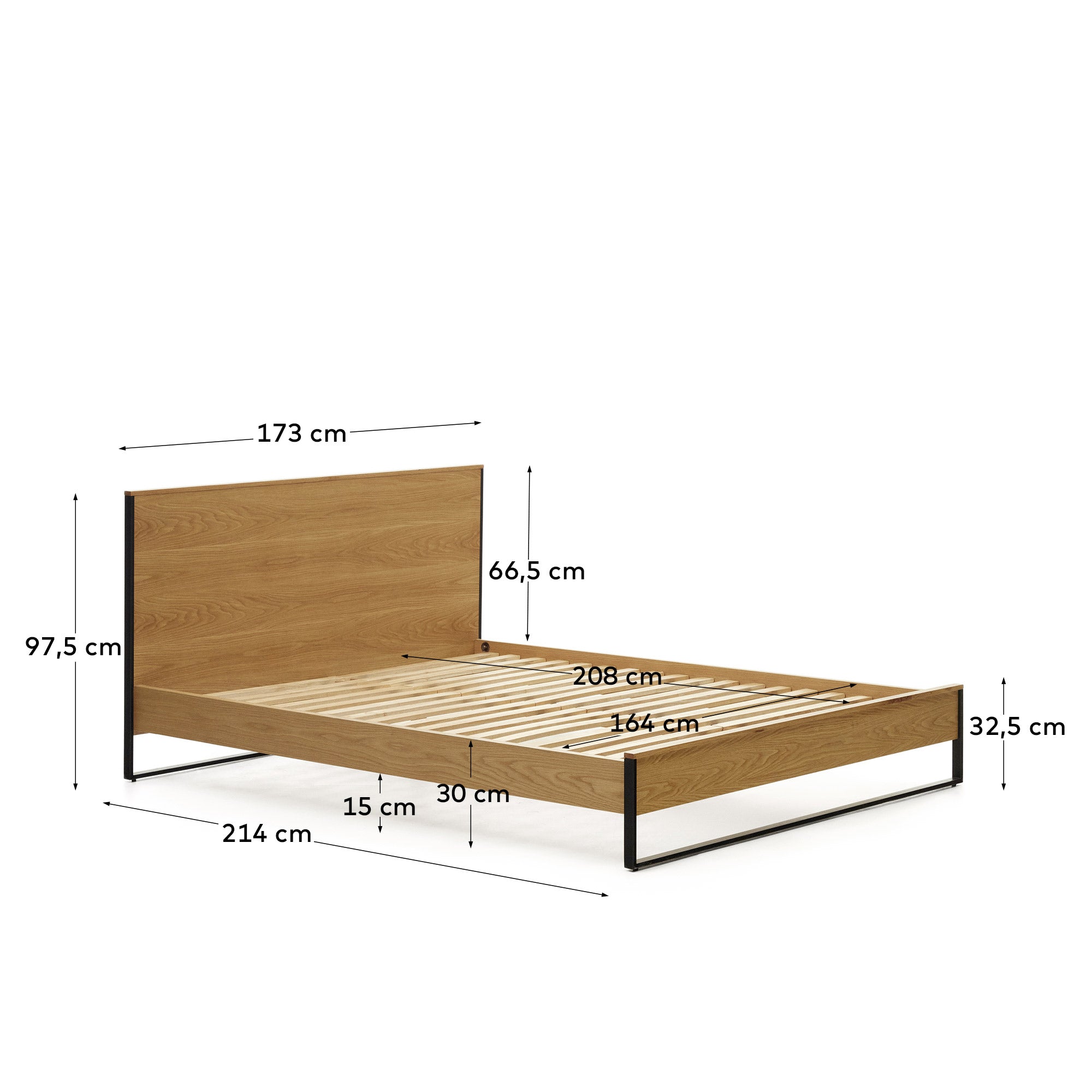 Taiana oak wood veneer bed with steel legs in a black finish, 160 x 200 cm - Measurements